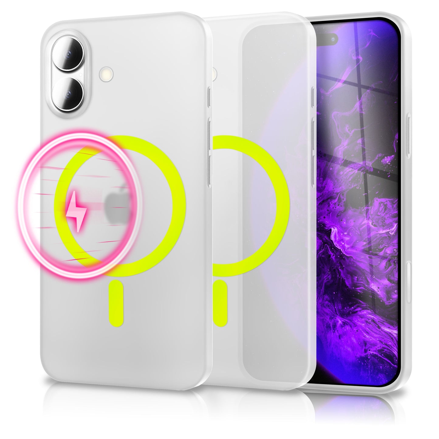 NALIA MagSafe Thinix Glow hulstur fyrir Apple iPhone 17 (mjög þunnt með ljóshring) - 0,3 mm ultra-þunnt hart hulstur, glóandi segulhringur, hálfgagnsætt og matt