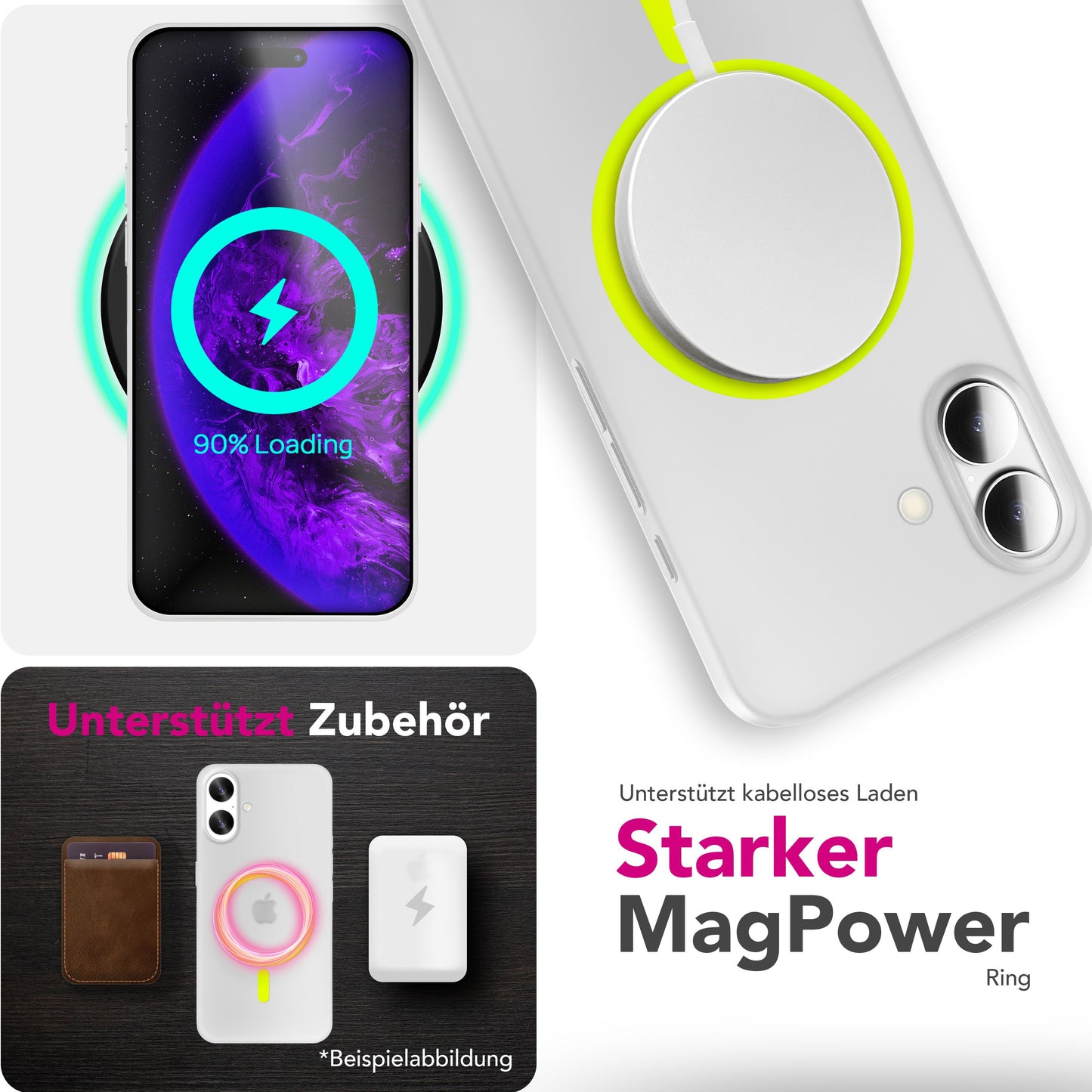 NALIA MagSafe Thinix Glow hulstur fyrir Apple iPhone 17 (mjög þunnt með ljóshring) - 0,3 mm ultra-þunnt hart hulstur, glóandi segulhringur, hálfgagnsætt og matt