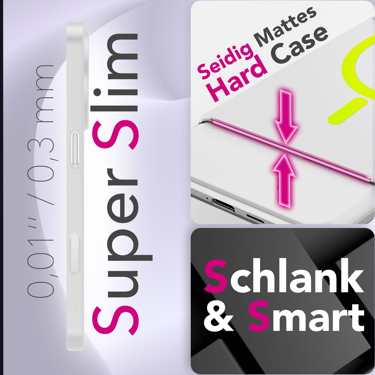 NALIA MagSafe Thinix Glow hulstur fyrir Apple iPhone 17 (mjög þunnt með ljóshring) - 0,3 mm ultra-þunnt hart hulstur, glóandi segulhringur, hálfgagnsætt og matt