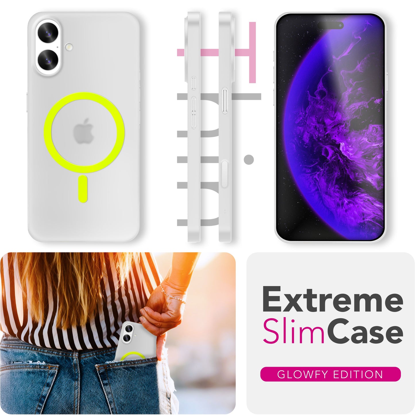 NALIA MagSafe Thinix Glow hulstur fyrir Apple iPhone 17 (mjög þunnt með ljóshring) - 0,3 mm ultra-þunnt hart hulstur, glóandi segulhringur, hálfgagnsætt og matt