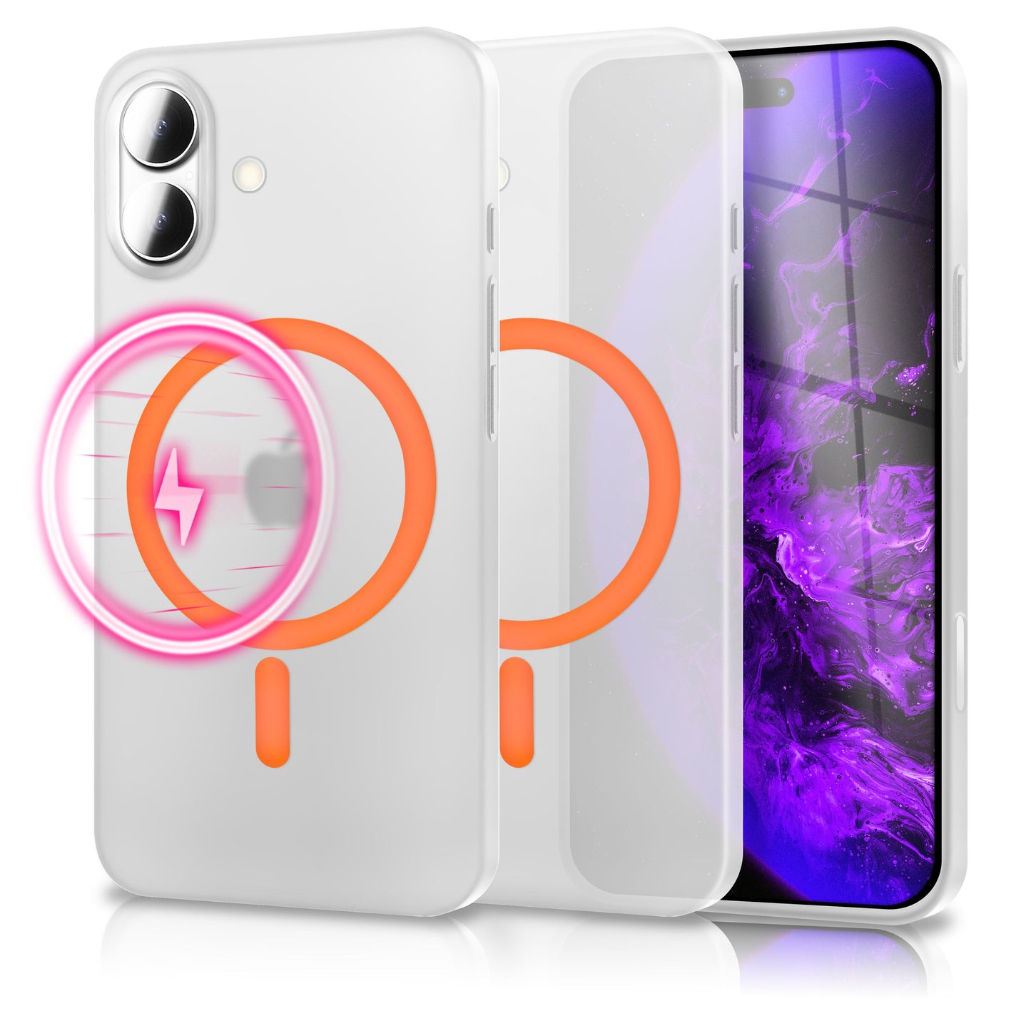 NALIA MagSafe Thinix Glow hulstur fyrir Apple iPhone 17 (mjög þunnt með ljóshring) - 0,3 mm ultra-þunnt hart hulstur, glóandi segulhringur, hálfgagnsætt og matt