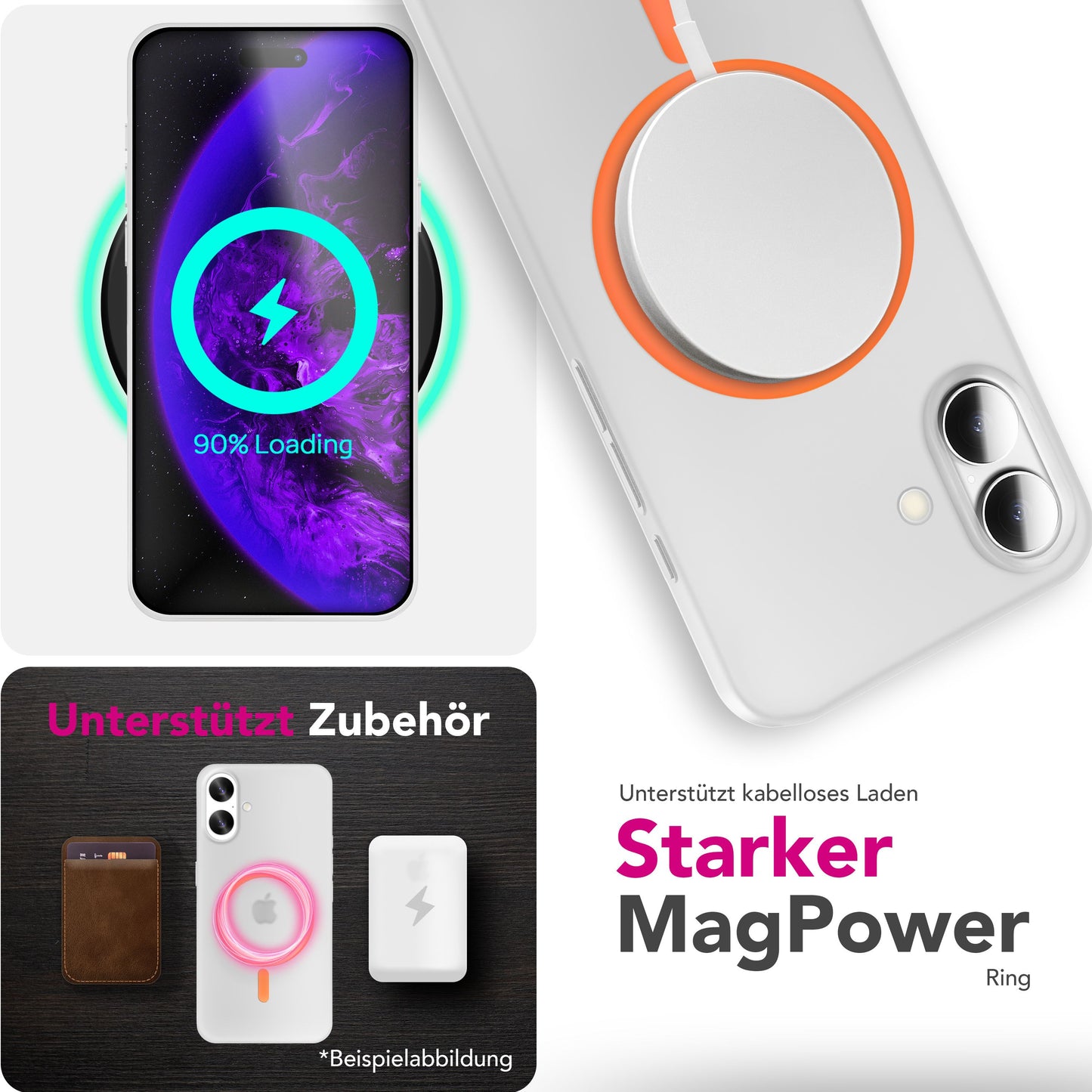 NALIA MagSafe Thinix Glow hulstur fyrir Apple iPhone 17 (mjög þunnt með ljóshring) - 0,3 mm ultra-þunnt hart hulstur, glóandi segulhringur, hálfgagnsætt og matt