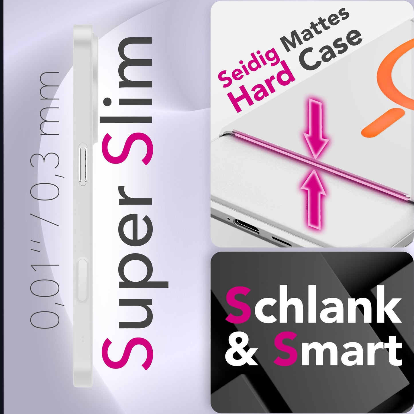 NALIA MagSafe Thinix Glow hulstur fyrir Apple iPhone 17 (mjög þunnt með ljóshring) - 0,3 mm ultra-þunnt hart hulstur, glóandi segulhringur, hálfgagnsætt og matt