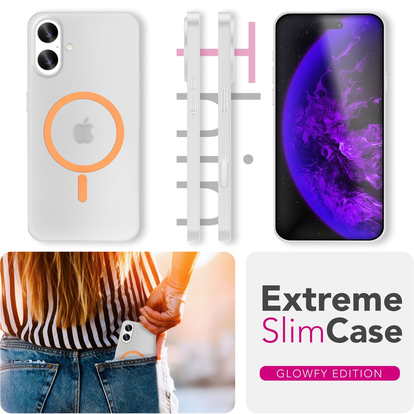 NALIA MagSafe Thinix Glow hulstur fyrir Apple iPhone 17 (mjög þunnt með ljóshring) - 0,3 mm ultra-þunnt hart hulstur, glóandi segulhringur, hálfgagnsætt og matt