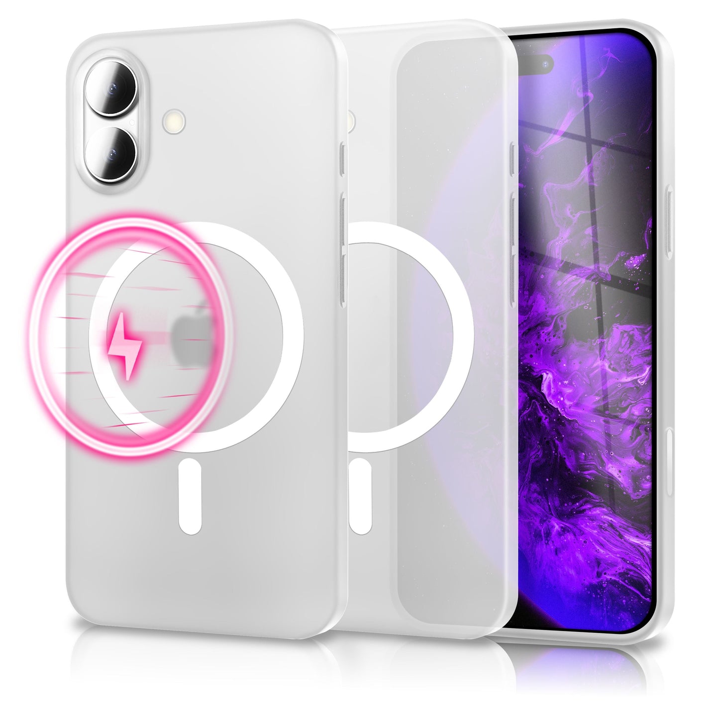 NALIA MagSafe Thinix Glow hulstur fyrir Apple iPhone 17 (mjög þunnt með ljóshring) - 0,3 mm ultra-þunnt hart hulstur, glóandi segulhringur, hálfgagnsætt og matt