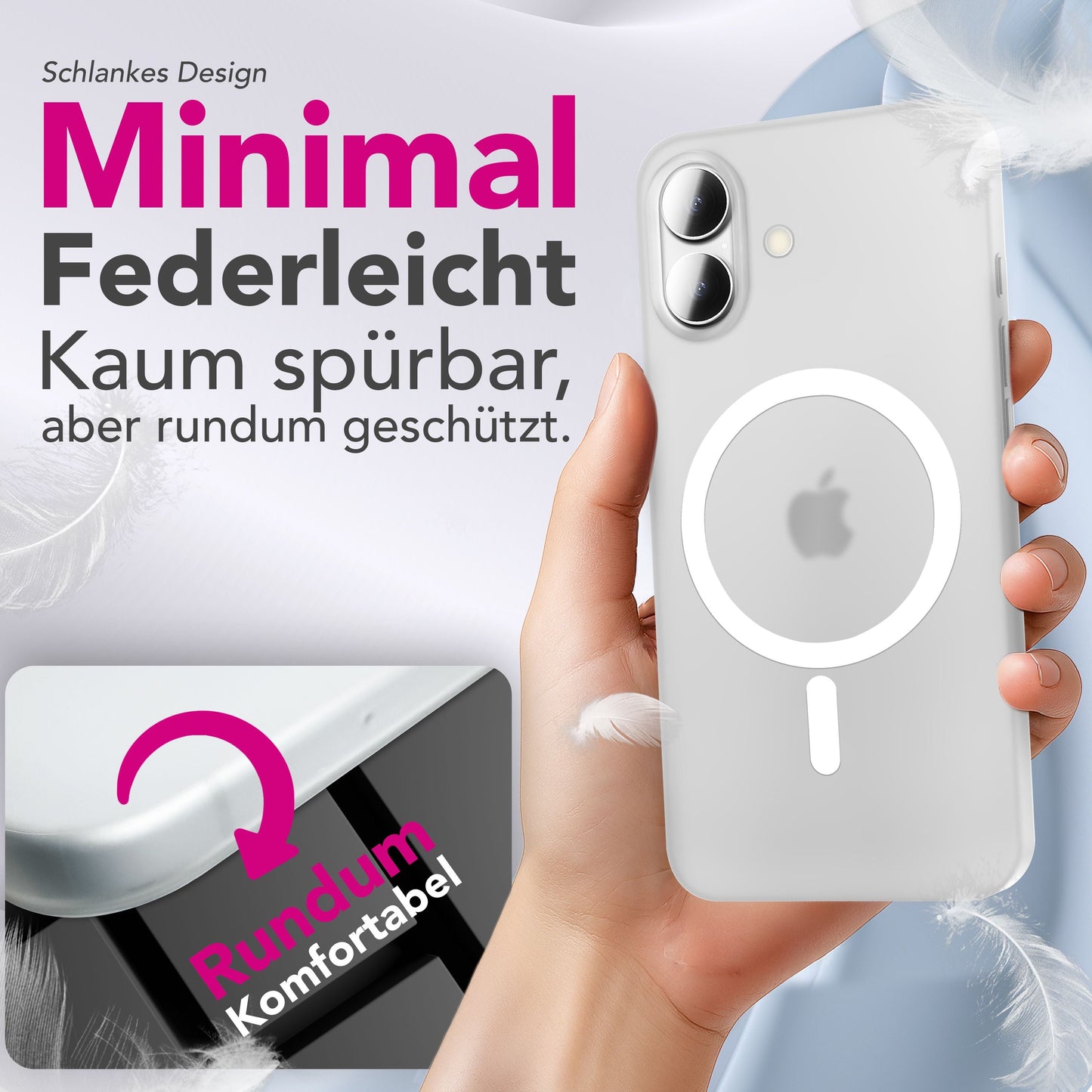 NALIA MagSafe Thinix Glow hulstur fyrir Apple iPhone 17 (mjög þunnt með ljóshring) - 0,3 mm ultra-þunnt hart hulstur, glóandi segulhringur, hálfgagnsætt og matt