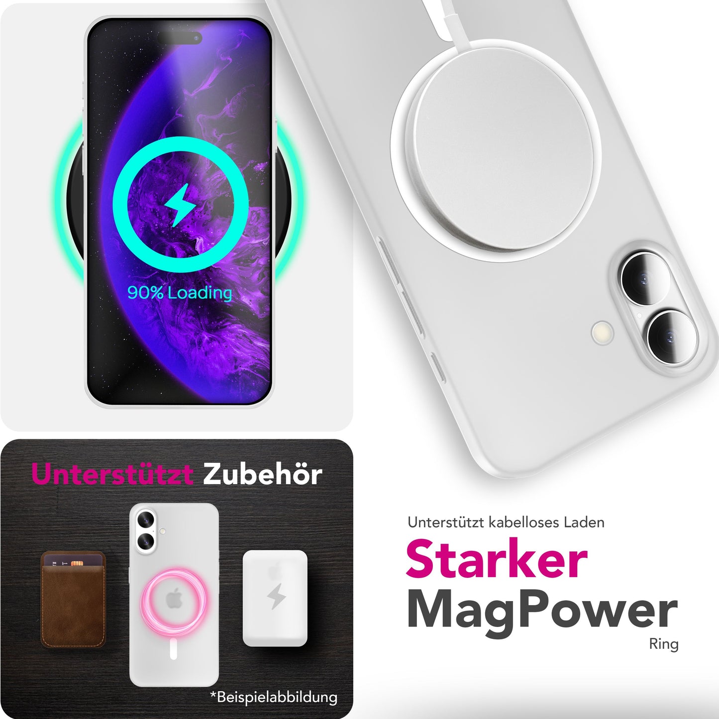 NALIA MagSafe Thinix Glow hulstur fyrir Apple iPhone 17 (mjög þunnt með ljóshring) - 0,3 mm ultra-þunnt hart hulstur, glóandi segulhringur, hálfgagnsætt og matt