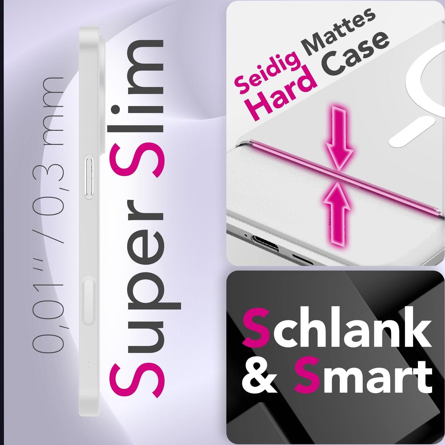 NALIA MagSafe Thinix Glow hulstur fyrir Apple iPhone 17 (mjög þunnt með ljóshring) - 0,3 mm ultra-þunnt hart hulstur, glóandi segulhringur, hálfgagnsætt og matt