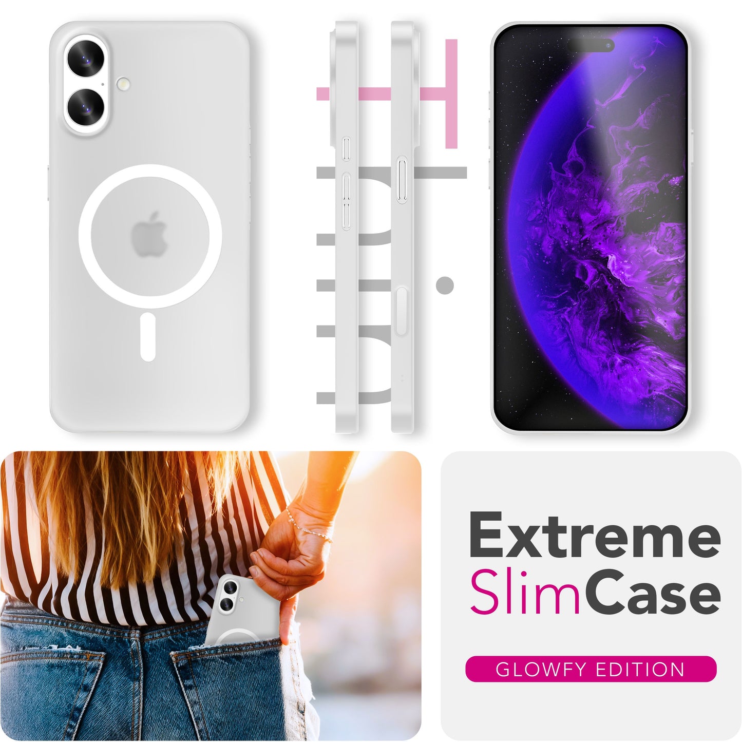 NALIA MagSafe Thinix Glow hulstur fyrir Apple iPhone 17 (mjög þunnt með ljóshring) - 0,3 mm ultra-þunnt hart hulstur, glóandi segulhringur, hálfgagnsætt og matt