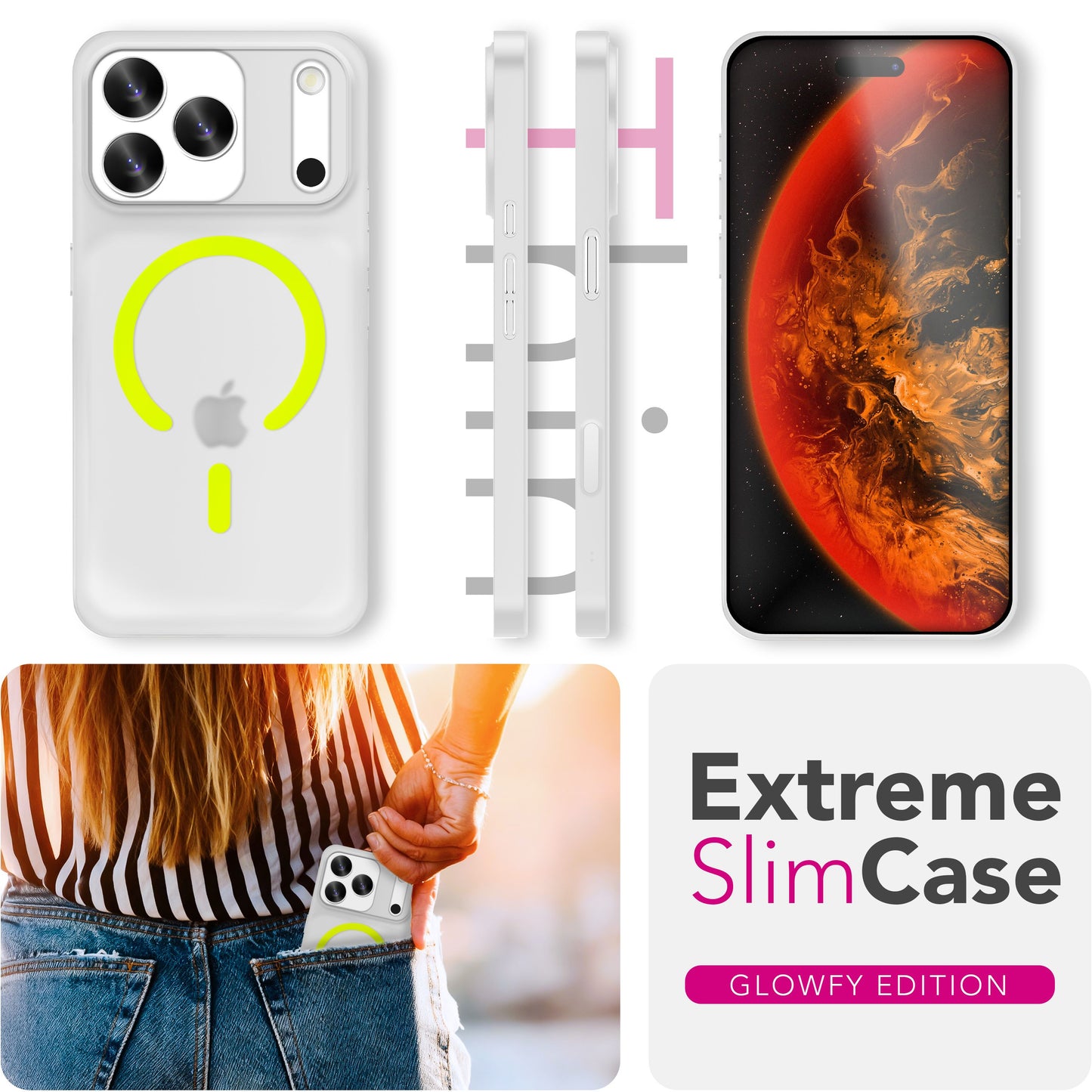 NALIA MagSafe Thinix Glow Case for Apple iPhone 17 Pro (Extremely Thin with Light Ring) - 0.3mm Slim Hard Case, Matte &amp; Transparent, Glow-in-the-Dark Ring