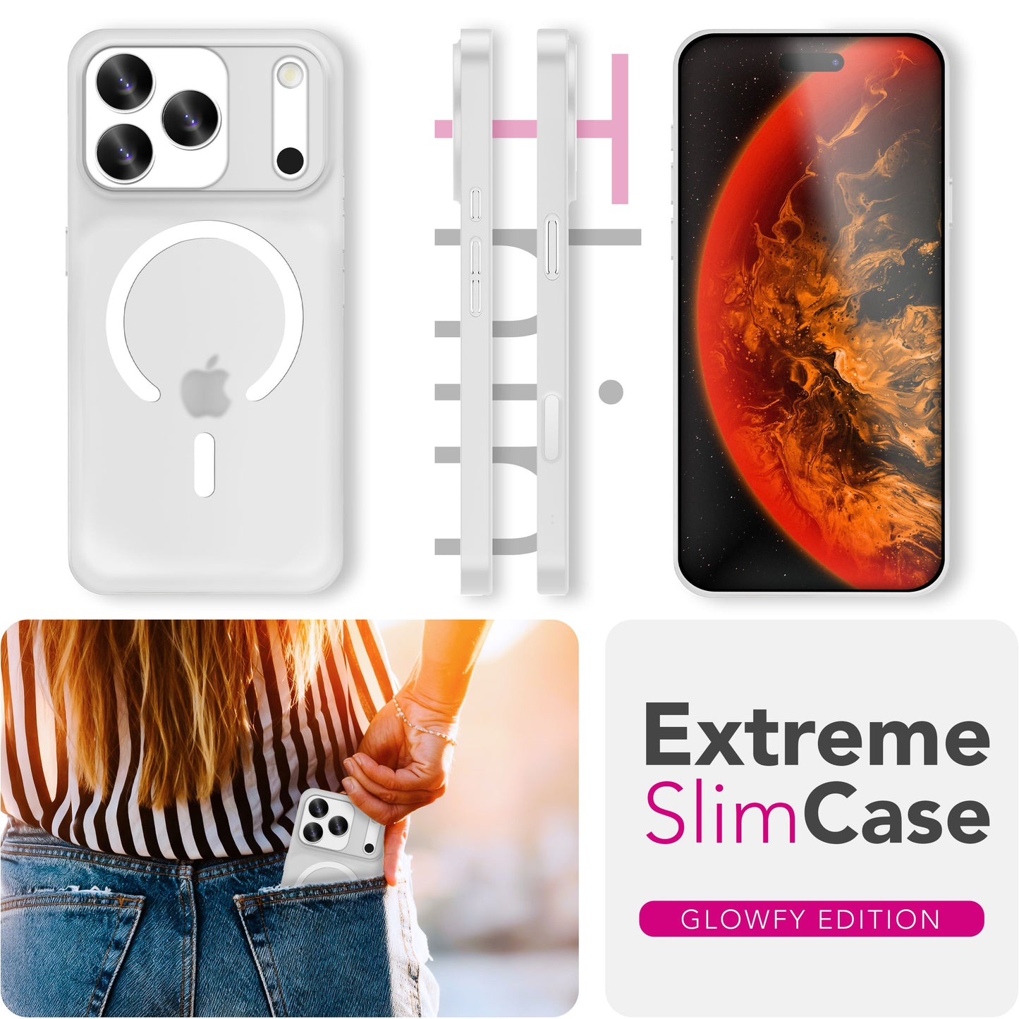 NALIA MagSafe Thinix Glow Case for Apple iPhone 17 Pro (Extremely Thin with Light Ring) - 0.3mm Slim Hard Case, Matte &amp; Transparent, Glow-in-the-Dark Ring