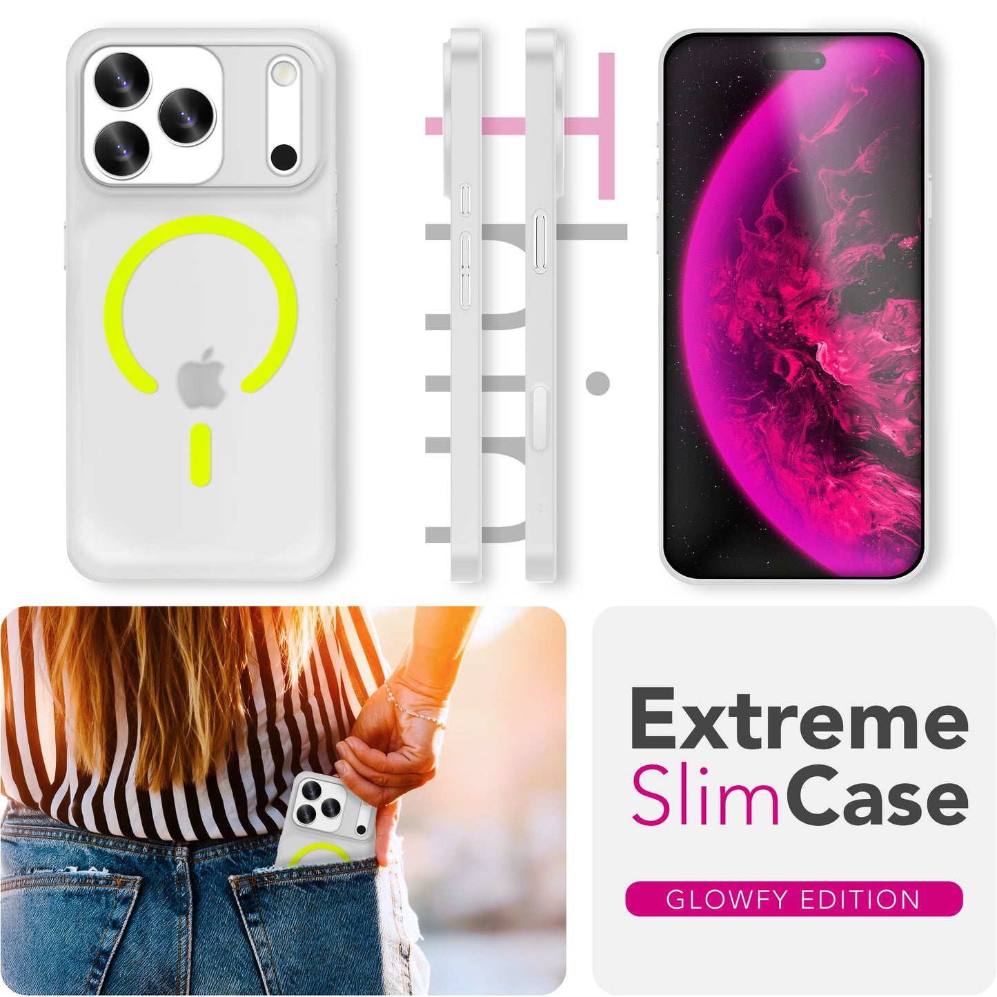 NALIA MagSafe Thinix Glow hulstur fyrir Apple iPhone 17 Pro Max (mjög þunnt með ljóshring) - 0,3 mm þunnt hulstur, lýsandi segulhringur, matt og frostað