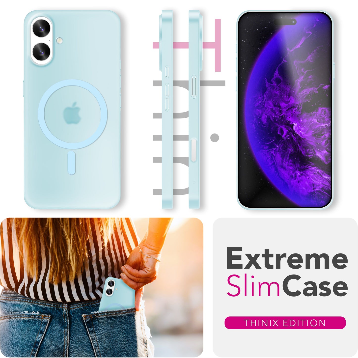 NALIA MagSafe Thinix hulstur fyrir Apple iPhone 17 (mjög þunnt með MagPower) - 0,3 mm ultra-þunnt hart hulstur, hálfgagnsætt, matt og fingrafaravarnandi, lágmarksútlit