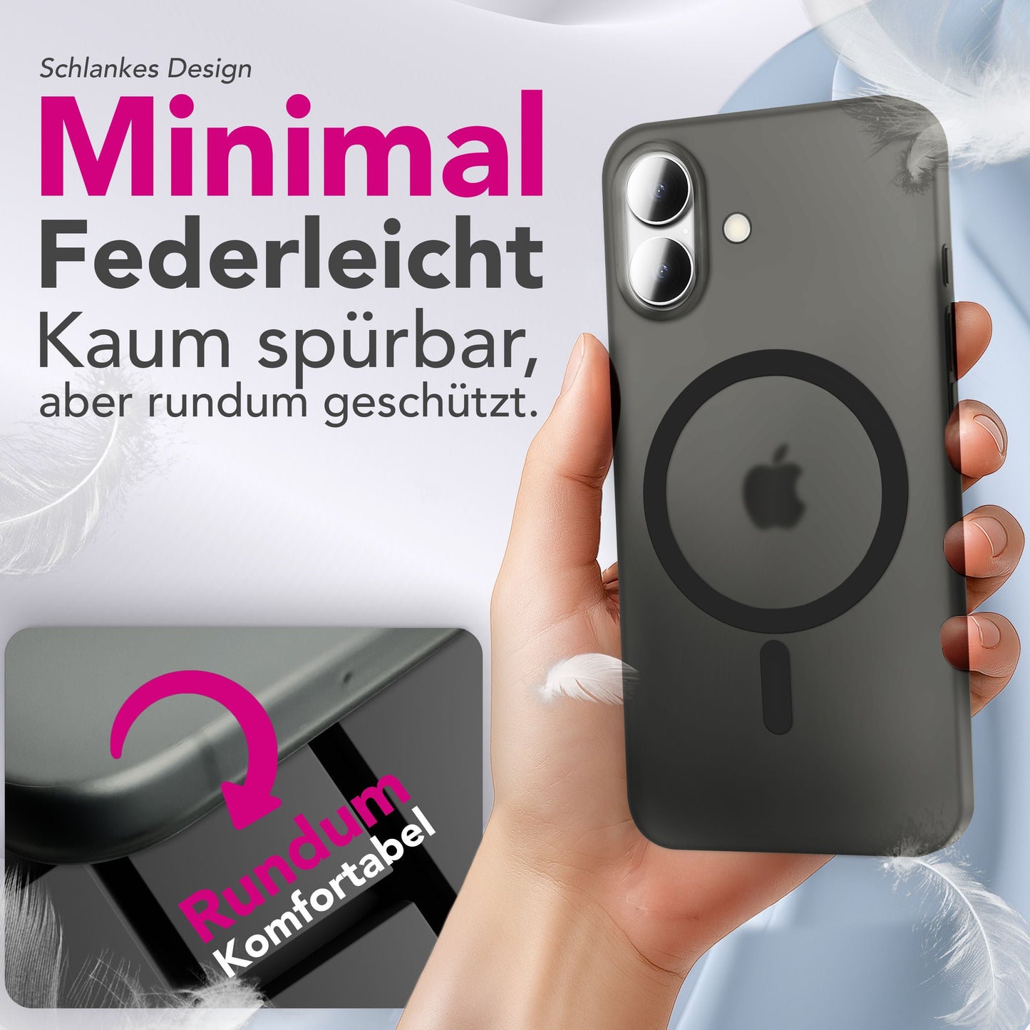 NALIA MagSafe Thinix hulstur fyrir Apple iPhone 17 (mjög þunnt með MagPower) - 0,3 mm ultra-þunnt hart hulstur, hálfgagnsætt, matt og fingrafaravarnandi, lágmarksútlit