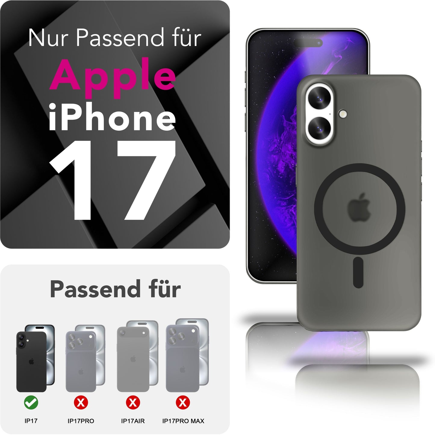 NALIA MagSafe Thinix hulstur fyrir Apple iPhone 17 (mjög þunnt með MagPower) - 0,3 mm ultra-þunnt hart hulstur, hálfgagnsætt, matt og fingrafaravarnandi, lágmarksútlit