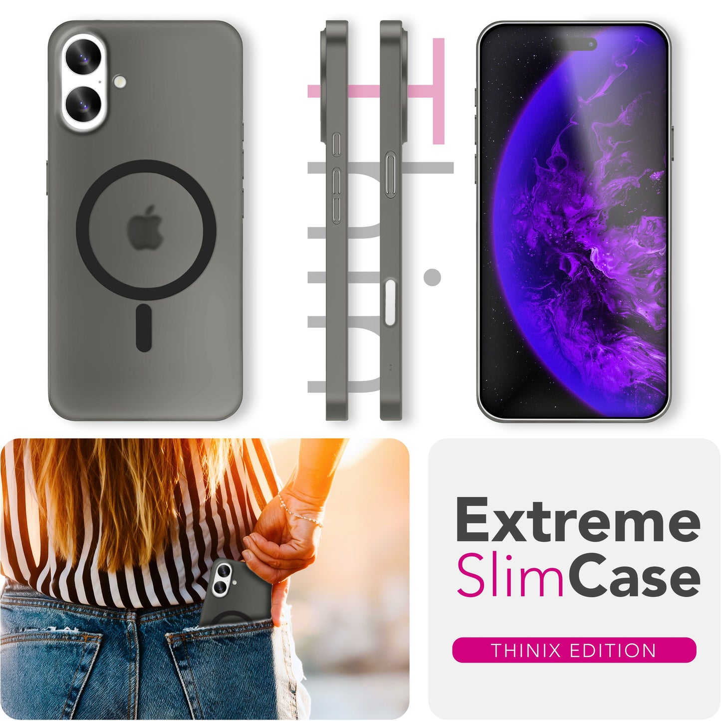 NALIA MagSafe Thinix hulstur fyrir Apple iPhone 17 (mjög þunnt með MagPower) - 0,3 mm ultra-þunnt hart hulstur, hálfgagnsætt, matt og fingrafaravarnandi, lágmarksútlit