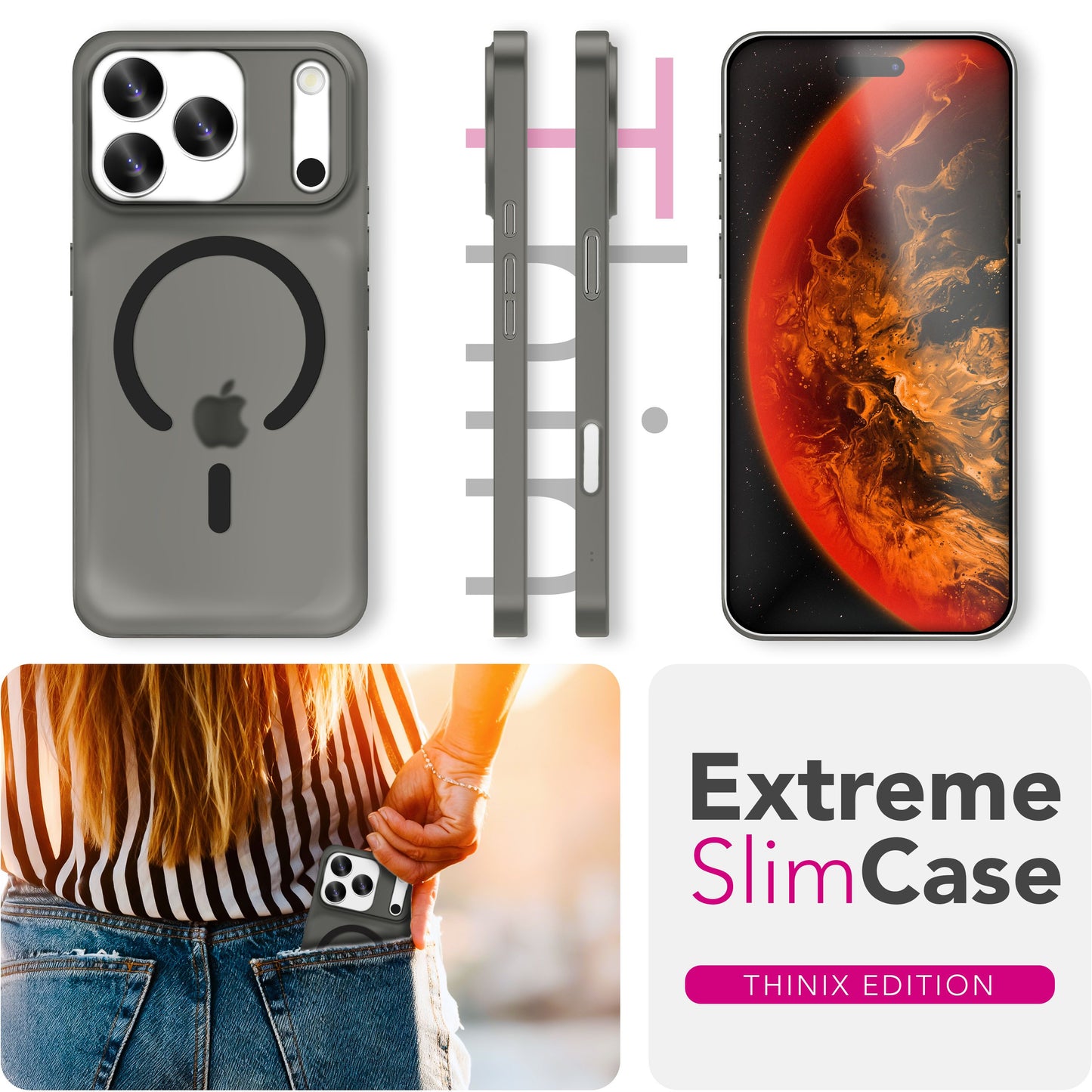 NALIA MagSafe Thinix hulstur fyrir Apple iPhone 17 Pro (mjög þunnt með MagPower) - 0,3 mm ofurþunnt hart hulstur, matt frostað útlit, fingrafaravarnt, gripgott og létt