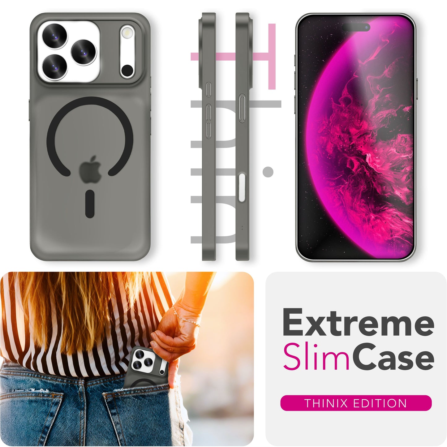 NALIA MagSafe Thinix hulstur fyrir Apple iPhone 17 Pro Max (mjög þunnt með MagPower) - 0,3 mm úrþunnt harðspjald, matt útlit, gegnsætt, fingrafaravarið