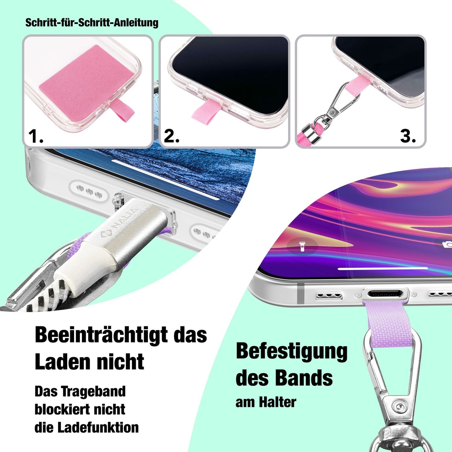 NALIA alhliða keðja með púða, ól fyrir símahulstur, karabínukrókur úr málmi (silfur), lyklakippu, axlabönd 160 cm