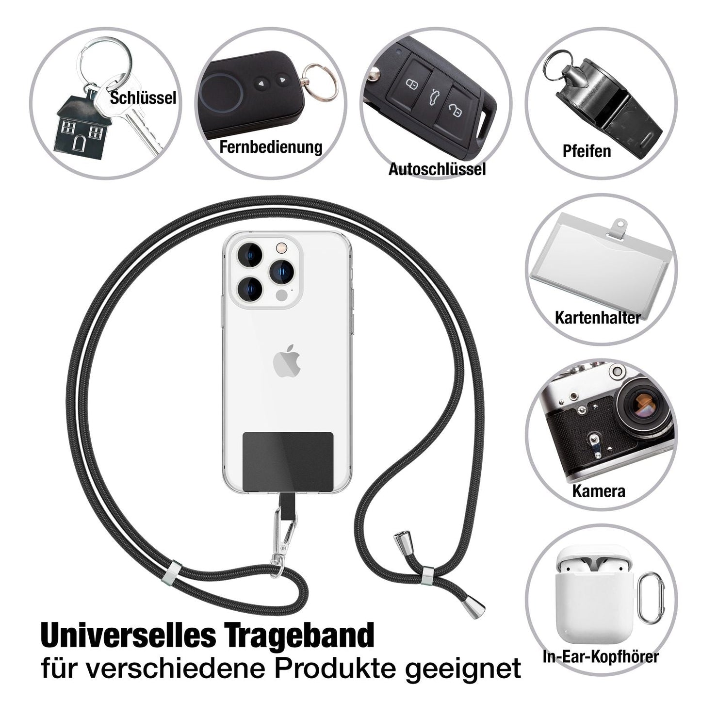 NALIA alhliða keðja með púða, ól fyrir símahulstur, karabínukrókur úr málmi (silfur), lyklakippu, axlabönd 160 cm