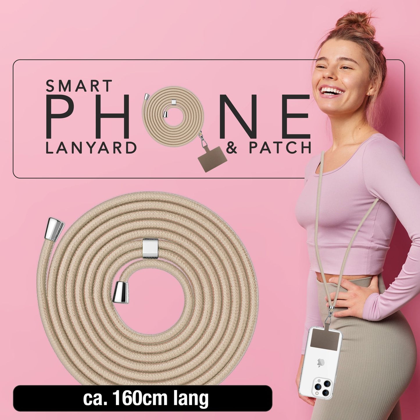 NALIA alhliða keðja með púða, ól fyrir símahulstur, karabínukrókur úr málmi (silfur), lyklakippu, axlabönd 160 cm