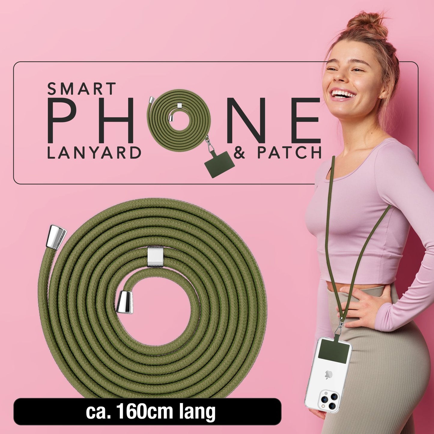 NALIA alhliða keðja með púða, ól fyrir símahulstur, karabínukrókur úr málmi (silfur), lyklakippu, axlabönd 160 cm