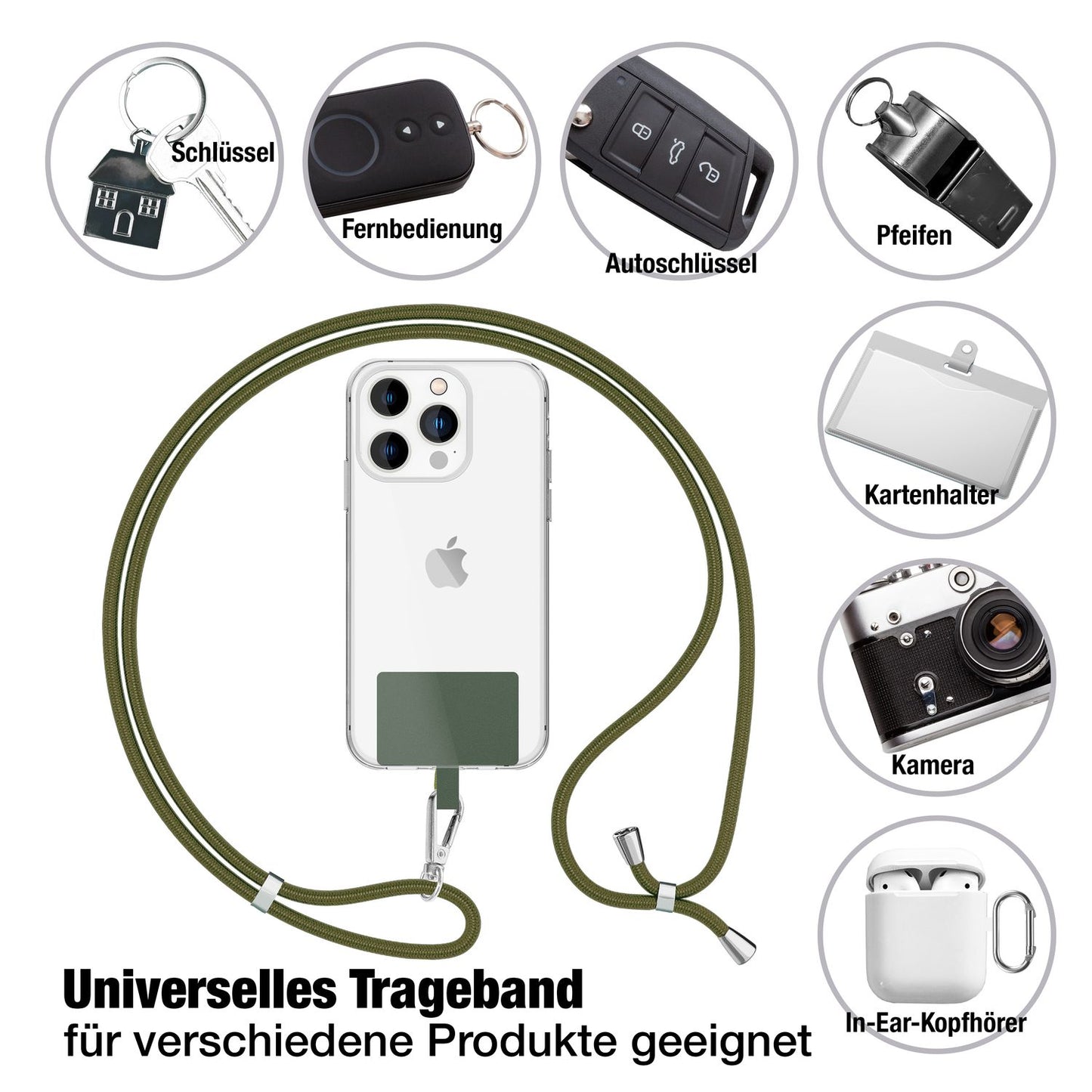 NALIA alhliða keðja með púða, ól fyrir símahulstur, karabínukrókur úr málmi (silfur), lyklakippu, axlabönd 160 cm