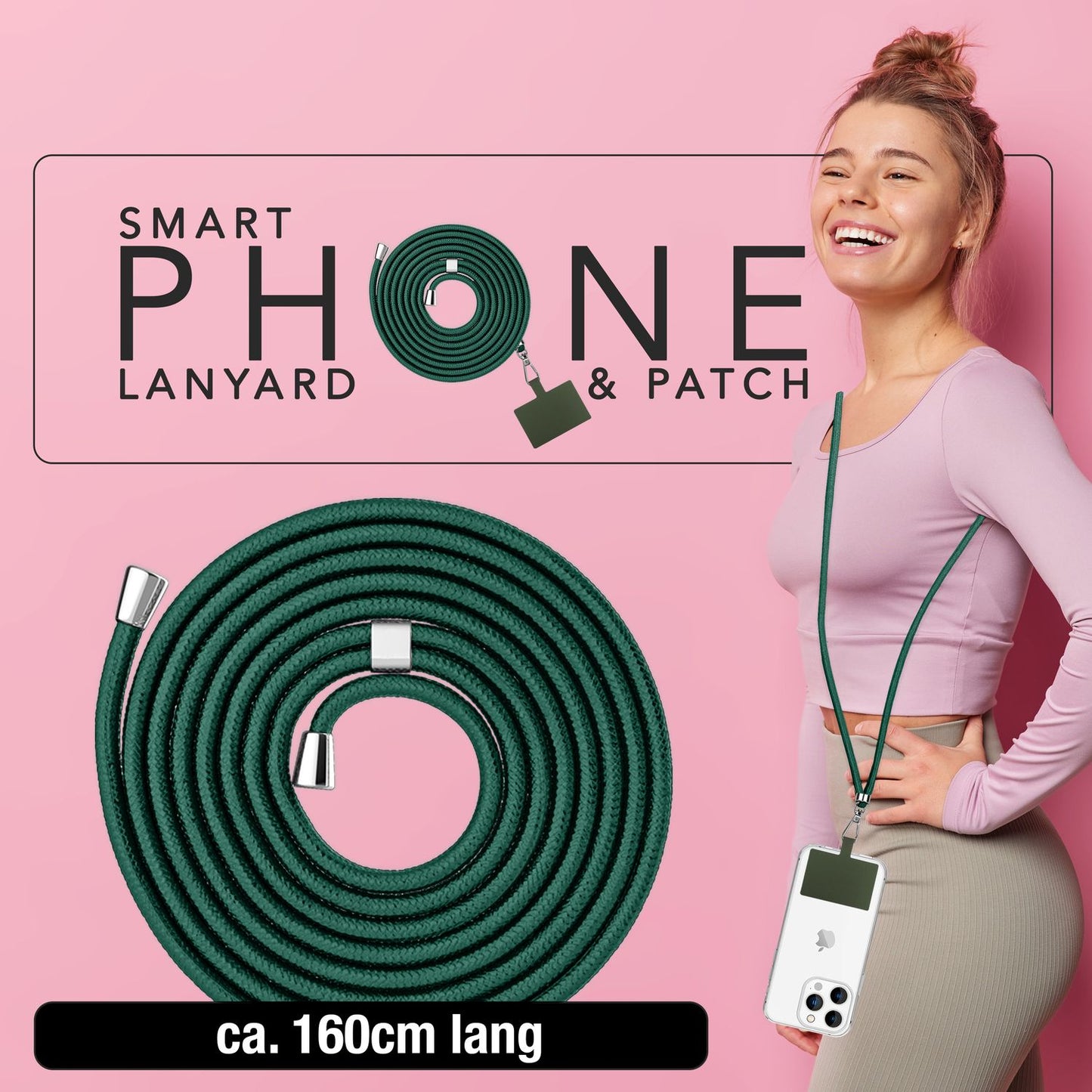 NALIA alhliða keðja með púða, ól fyrir símahulstur, karabínukrókur úr málmi (silfur), lyklakippu, axlabönd 160 cm