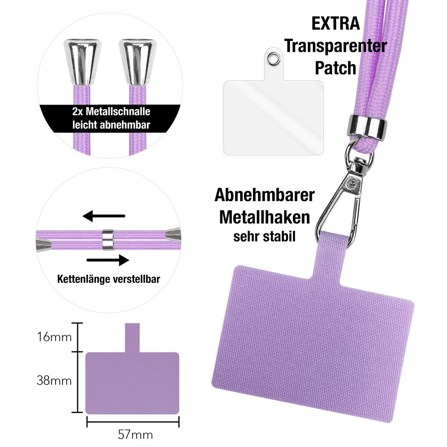 NALIA alhliða keðja með púða, ól fyrir símahulstur, karabínukrókur úr málmi (silfur), lyklakippu, axlabönd 160 cm