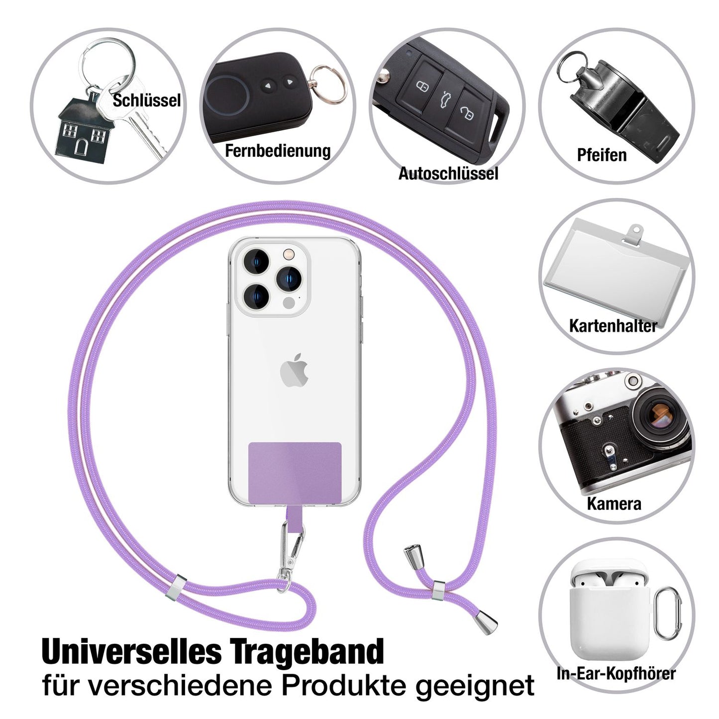 NALIA alhliða keðja með púða, ól fyrir símahulstur, karabínukrókur úr málmi (silfur), lyklakippu, axlabönd 160 cm