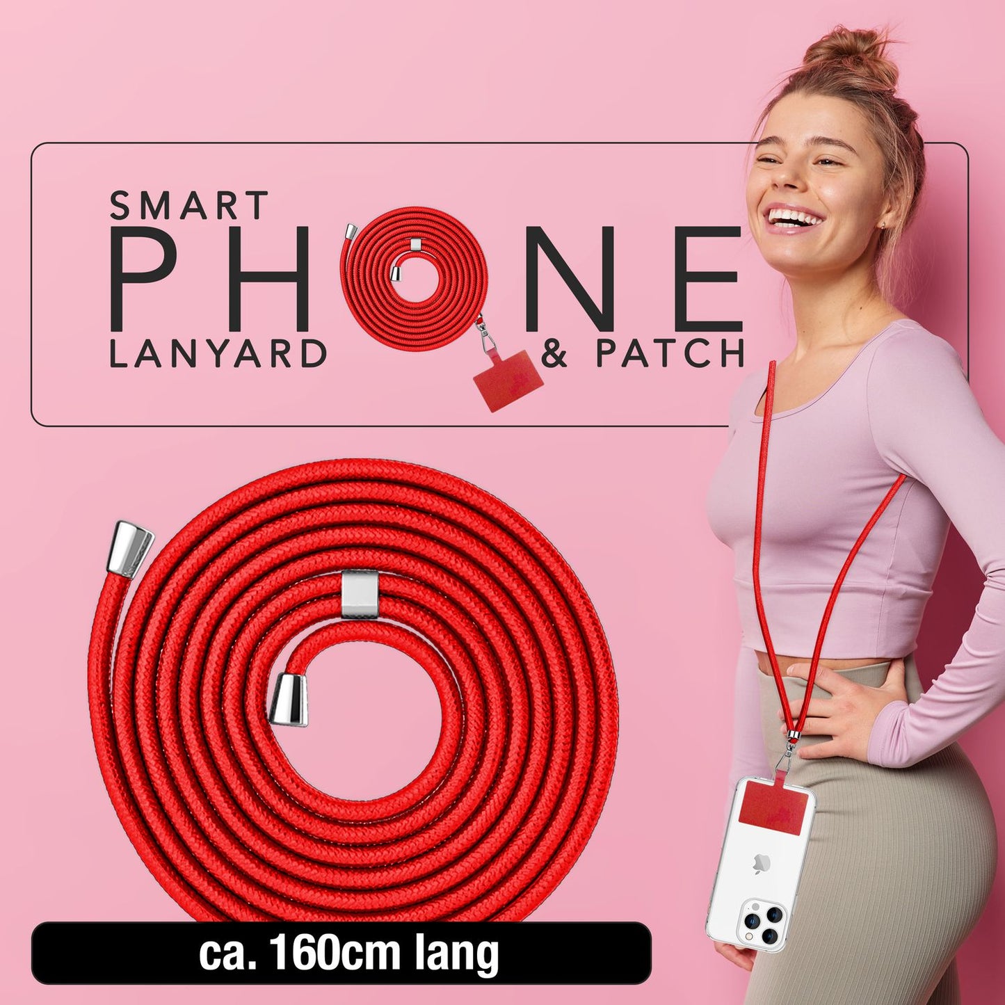 NALIA alhliða keðja með púða, ól fyrir símahulstur, karabínukrókur úr málmi (silfur), lyklakippu, axlabönd 160 cm