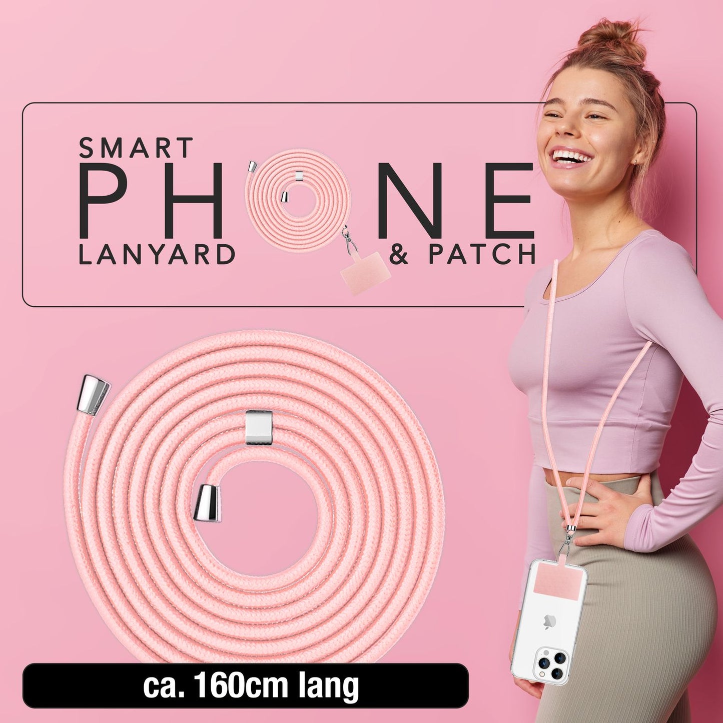 NALIA alhliða keðja með púða, ól fyrir símahulstur, karabínukrókur úr málmi (silfur), lyklakippu, axlabönd 160 cm