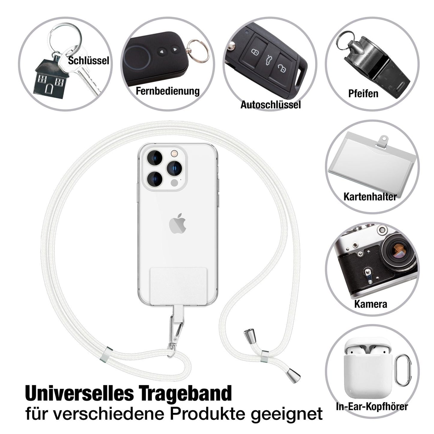 NALIA alhliða keðja með púða, ól fyrir símahulstur, karabínukrókur úr málmi (silfur), lyklakippu, axlabönd 160 cm