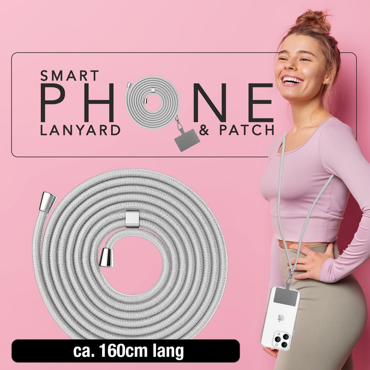 NALIA alhliða keðja með púða, ól fyrir símahulstur, karabínukrókur úr málmi (silfur), lyklakippu, axlabönd 160 cm