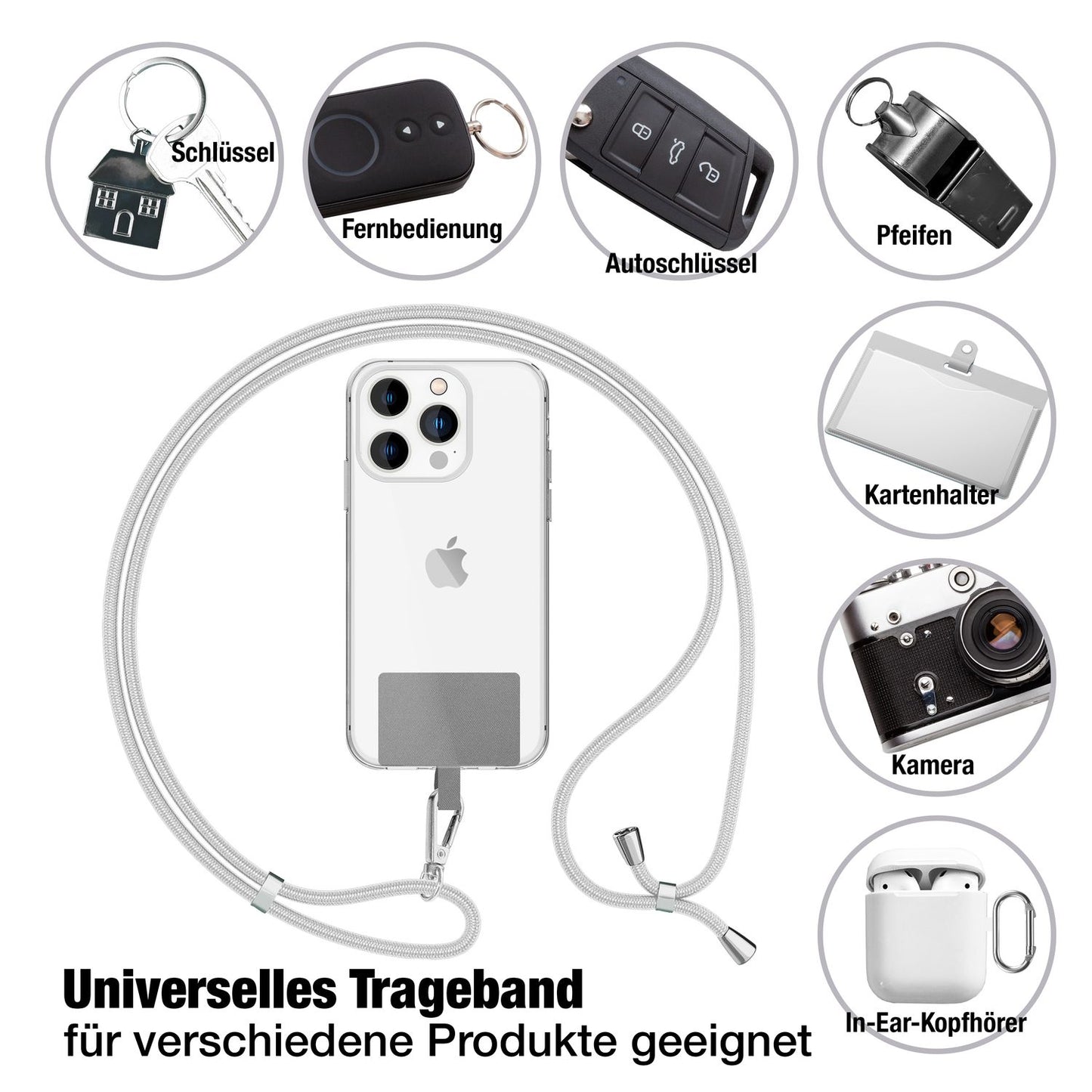 NALIA alhliða keðja með púða, ól fyrir símahulstur, karabínukrókur úr málmi (silfur), lyklakippu, axlabönd 160 cm