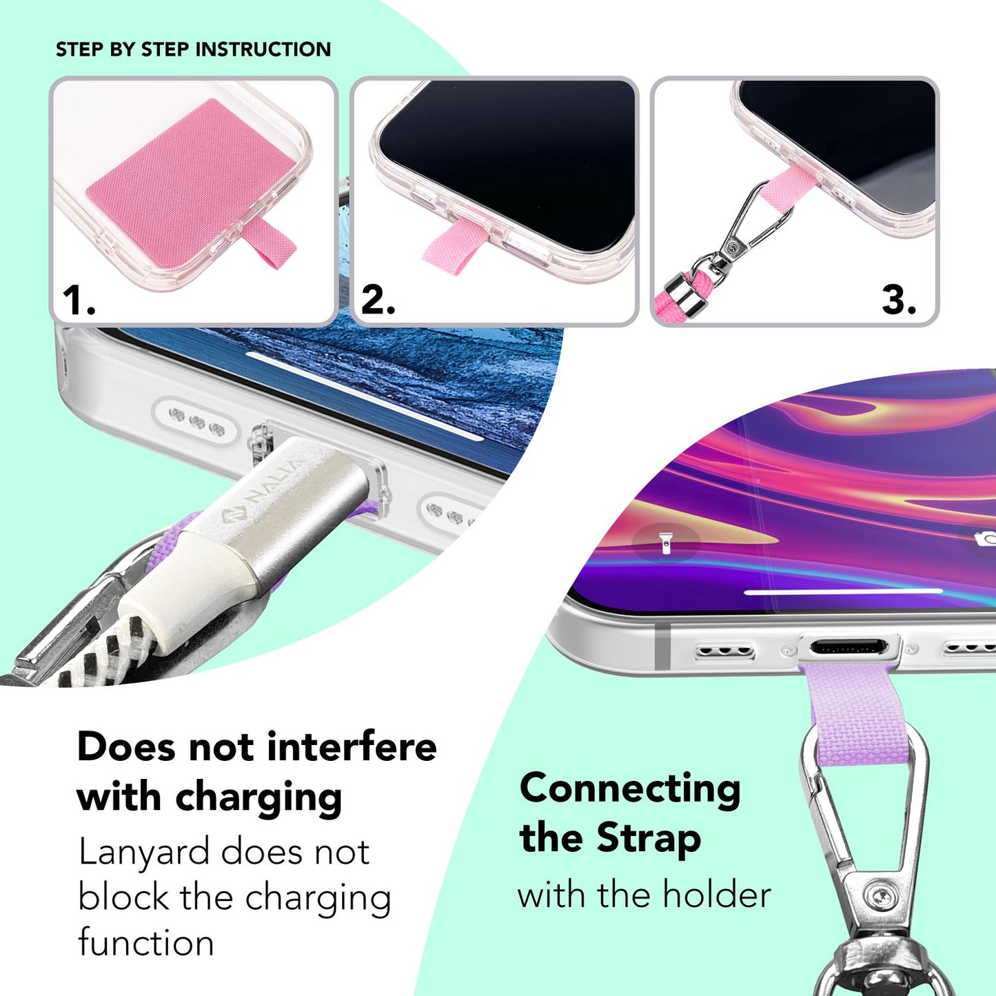 Alhliða símakeðja til að bera um hálsinn með púða og karabínukróki fyrir snjallsímahulstur