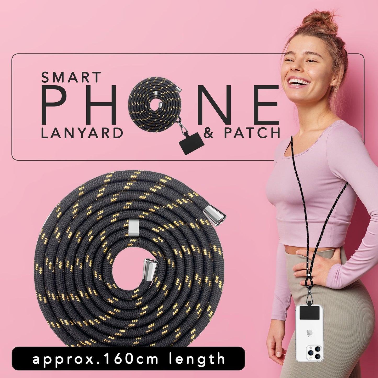 Alhliða símakeðja til að bera um hálsinn með púða og karabínukróki fyrir snjallsímahulstur