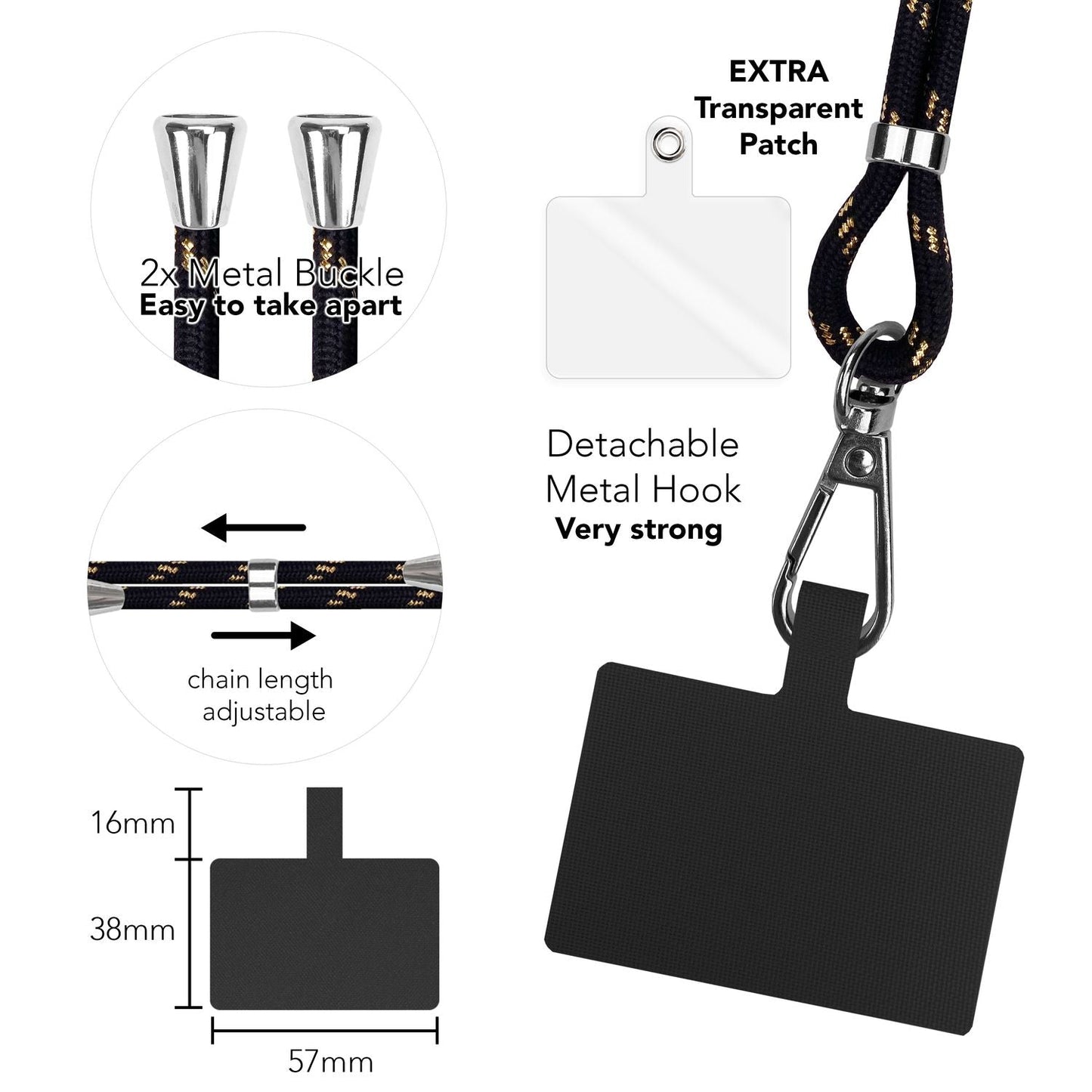 Alhliða símakeðja til að bera um hálsinn með púða og karabínukróki fyrir snjallsímahulstur