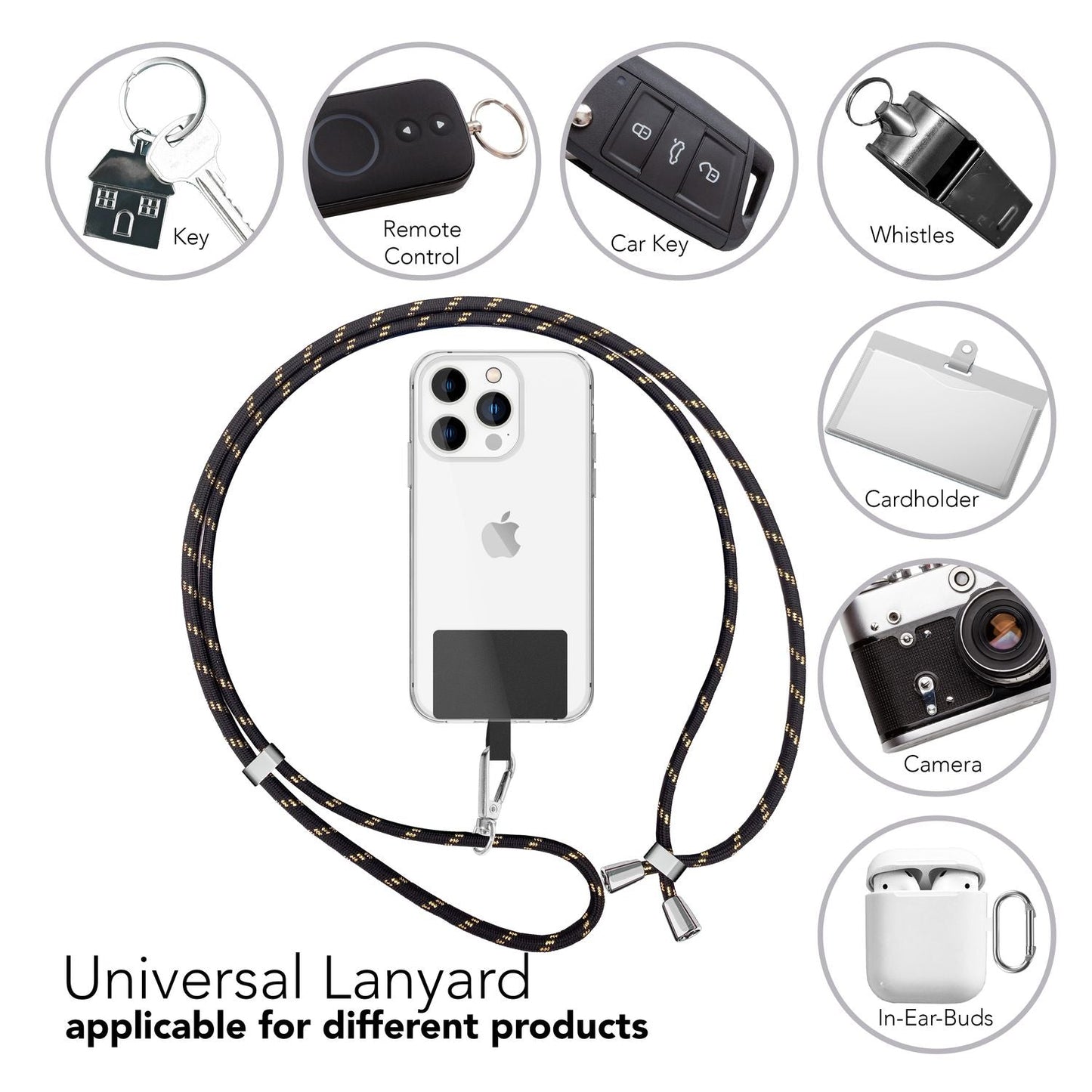 Alhliða símakeðja til að bera um hálsinn með púða og karabínukróki fyrir snjallsímahulstur