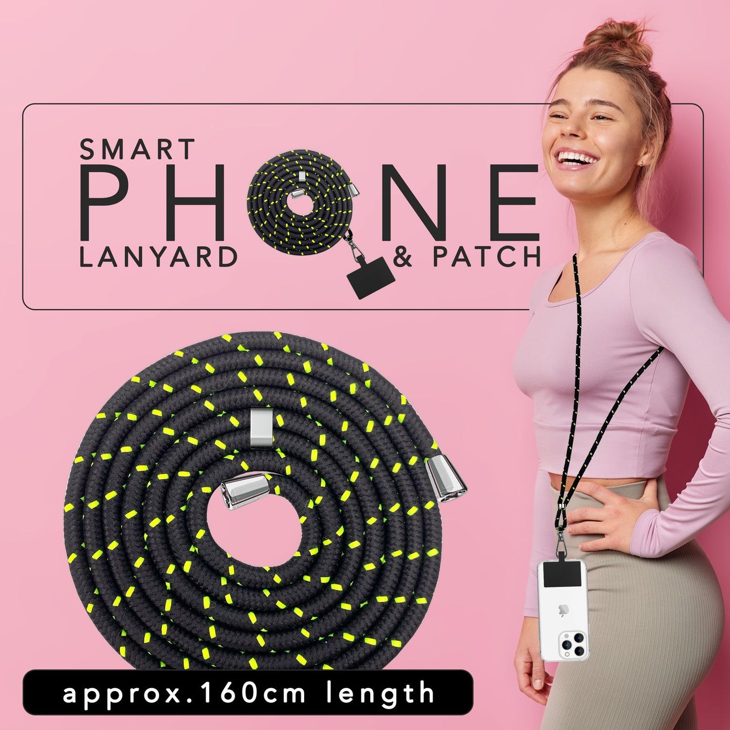 Alhliða símakeðja til að bera um hálsinn með púða og karabínukróki fyrir snjallsímahulstur