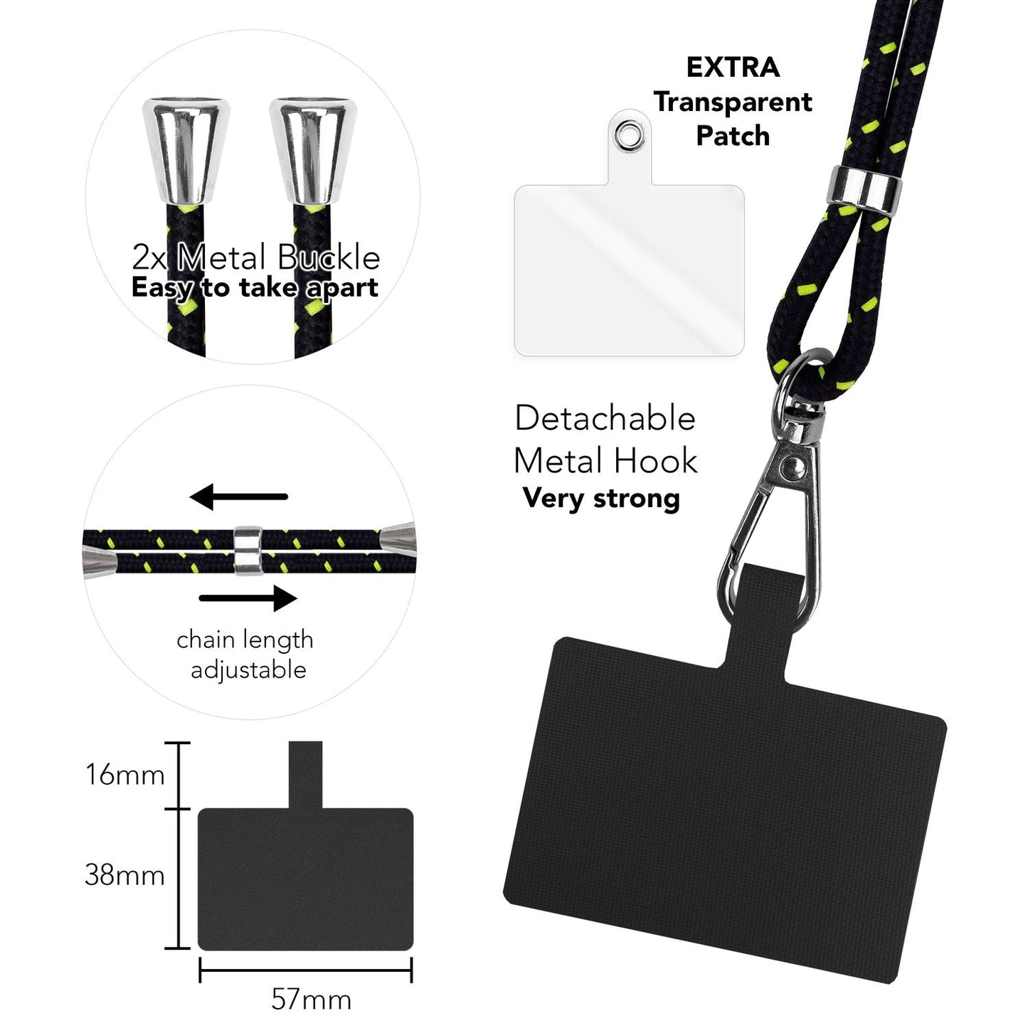 Alhliða símakeðja til að bera um hálsinn með púða og karabínukróki fyrir snjallsímahulstur