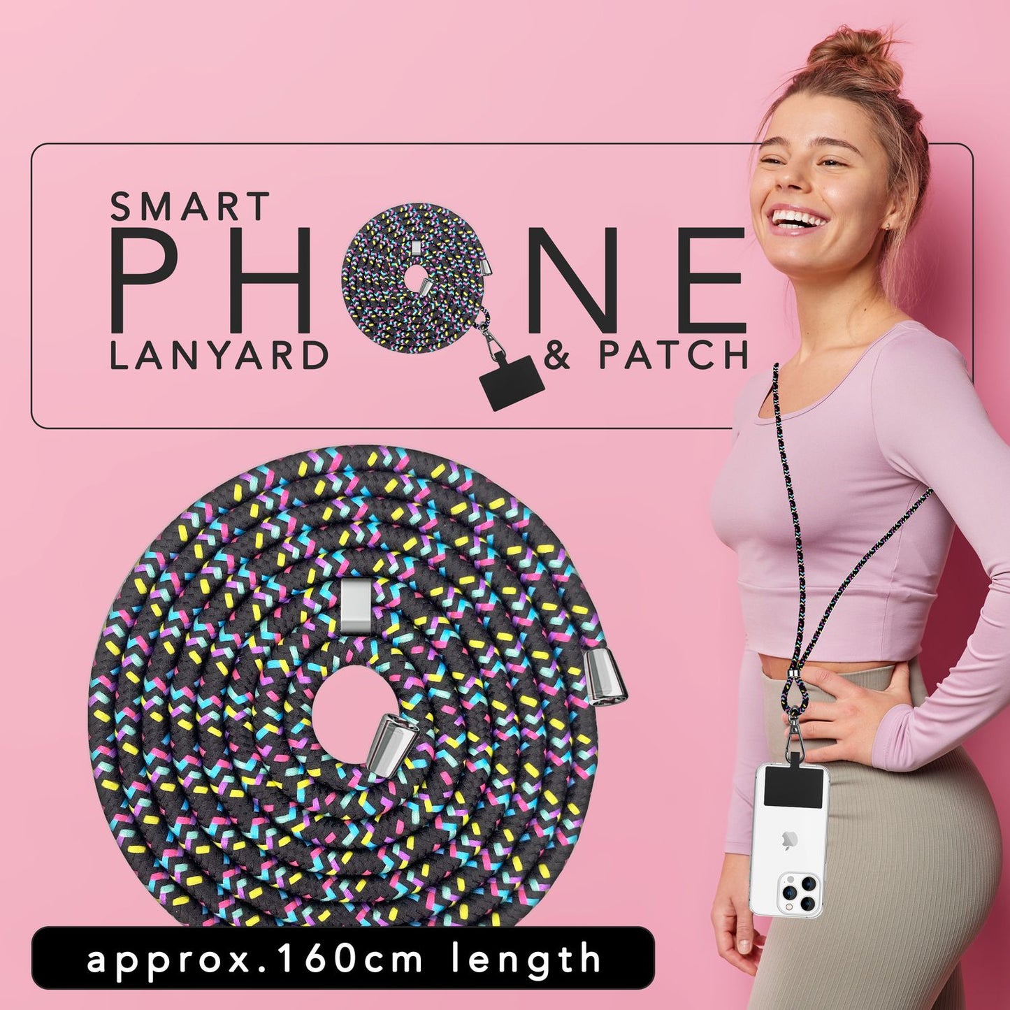 Alhliða símakeðja til að bera um hálsinn með púða og karabínukróki fyrir snjallsímahulstur