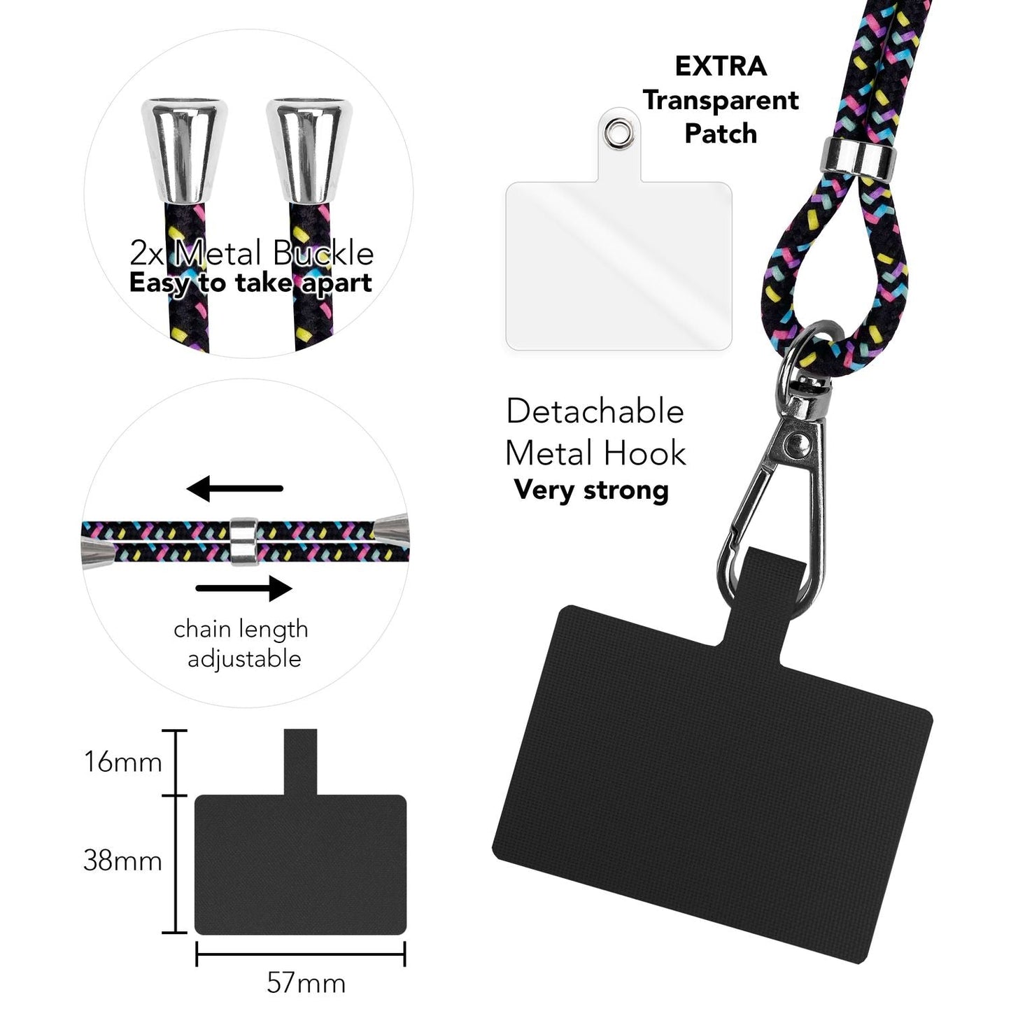 Alhliða símakeðja til að bera um hálsinn með púða og karabínukróki fyrir snjallsímahulstur