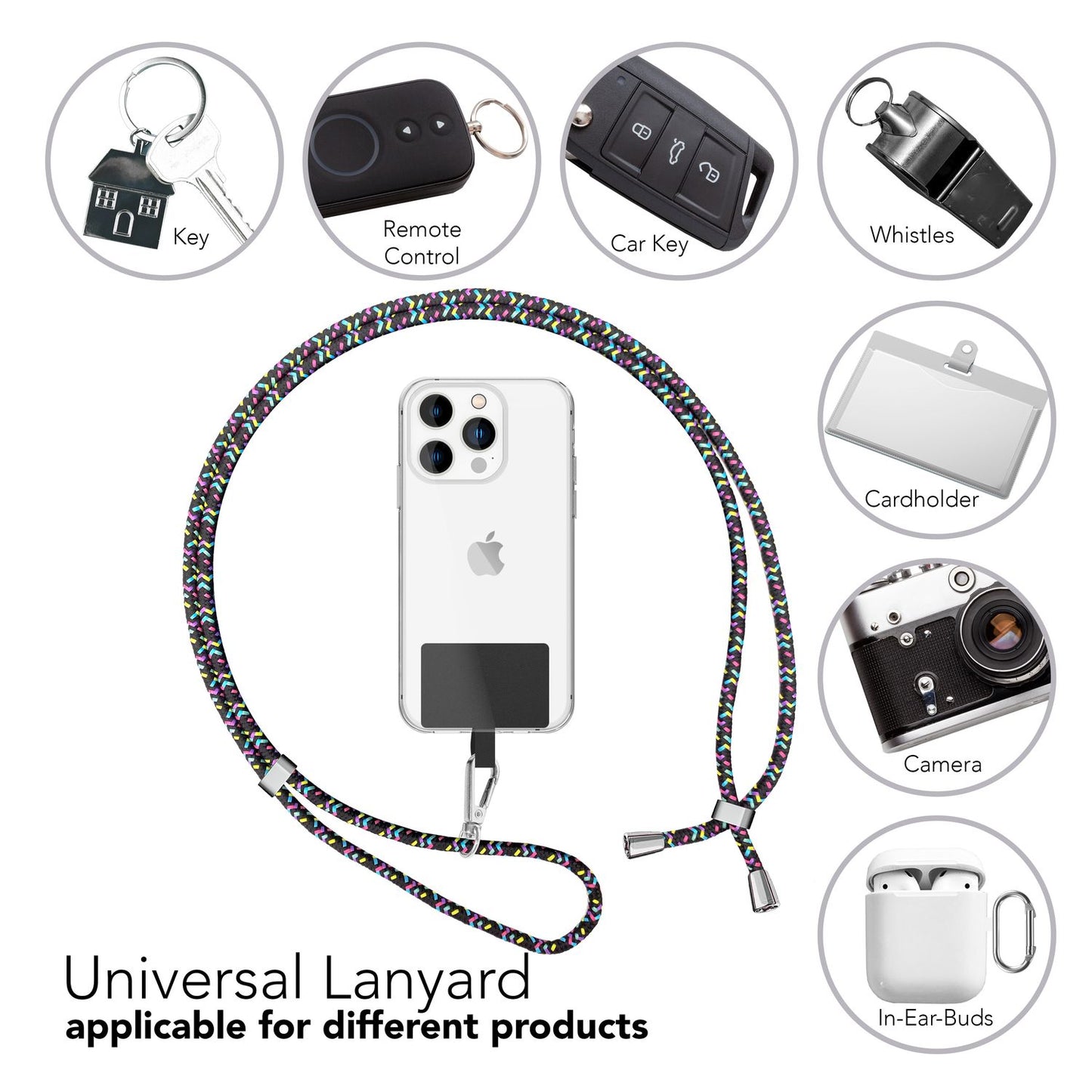 Alhliða símakeðja til að bera um hálsinn með púða og karabínukróki fyrir snjallsímahulstur