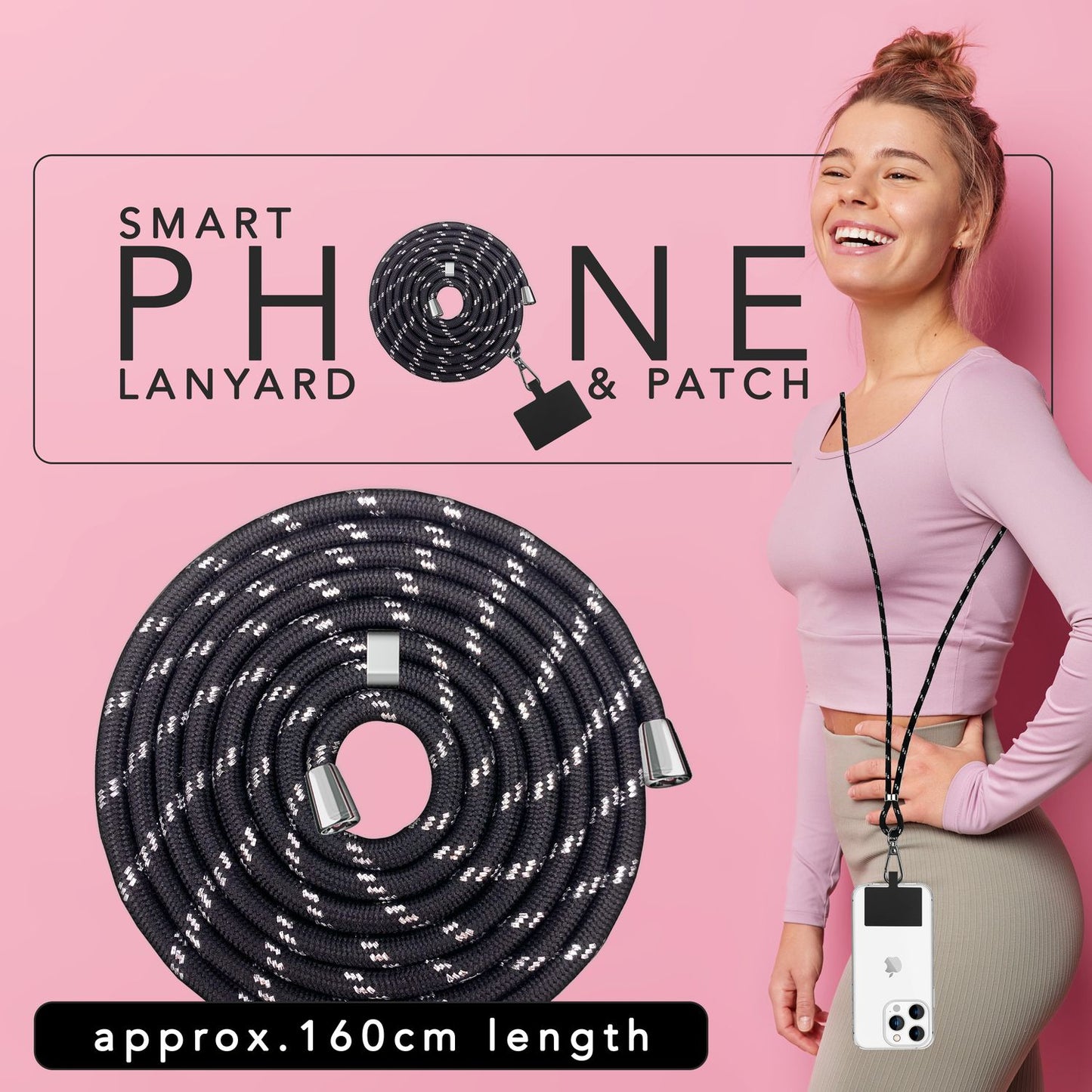 Alhliða símakeðja til að bera um hálsinn með púða og karabínukróki fyrir snjallsímahulstur