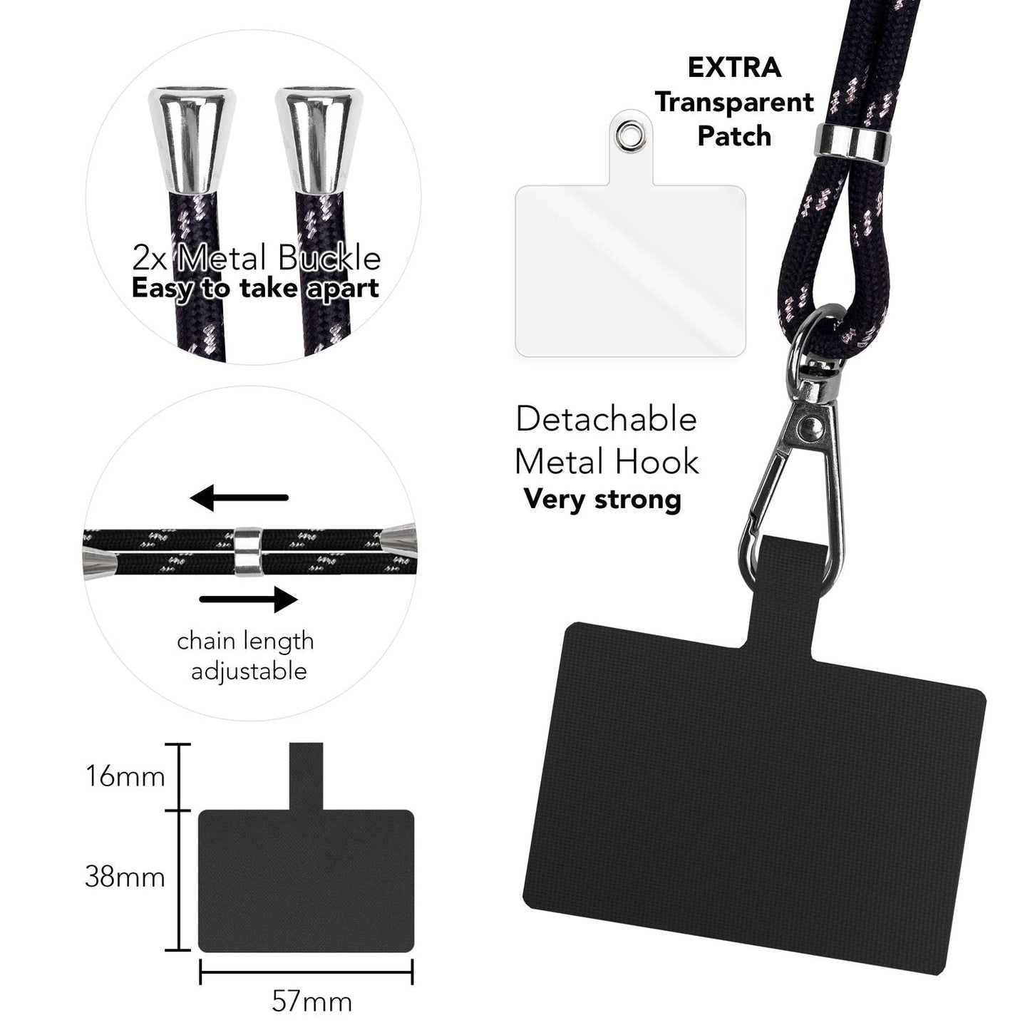Alhliða símakeðja til að bera um hálsinn með púða og karabínukróki fyrir snjallsímahulstur