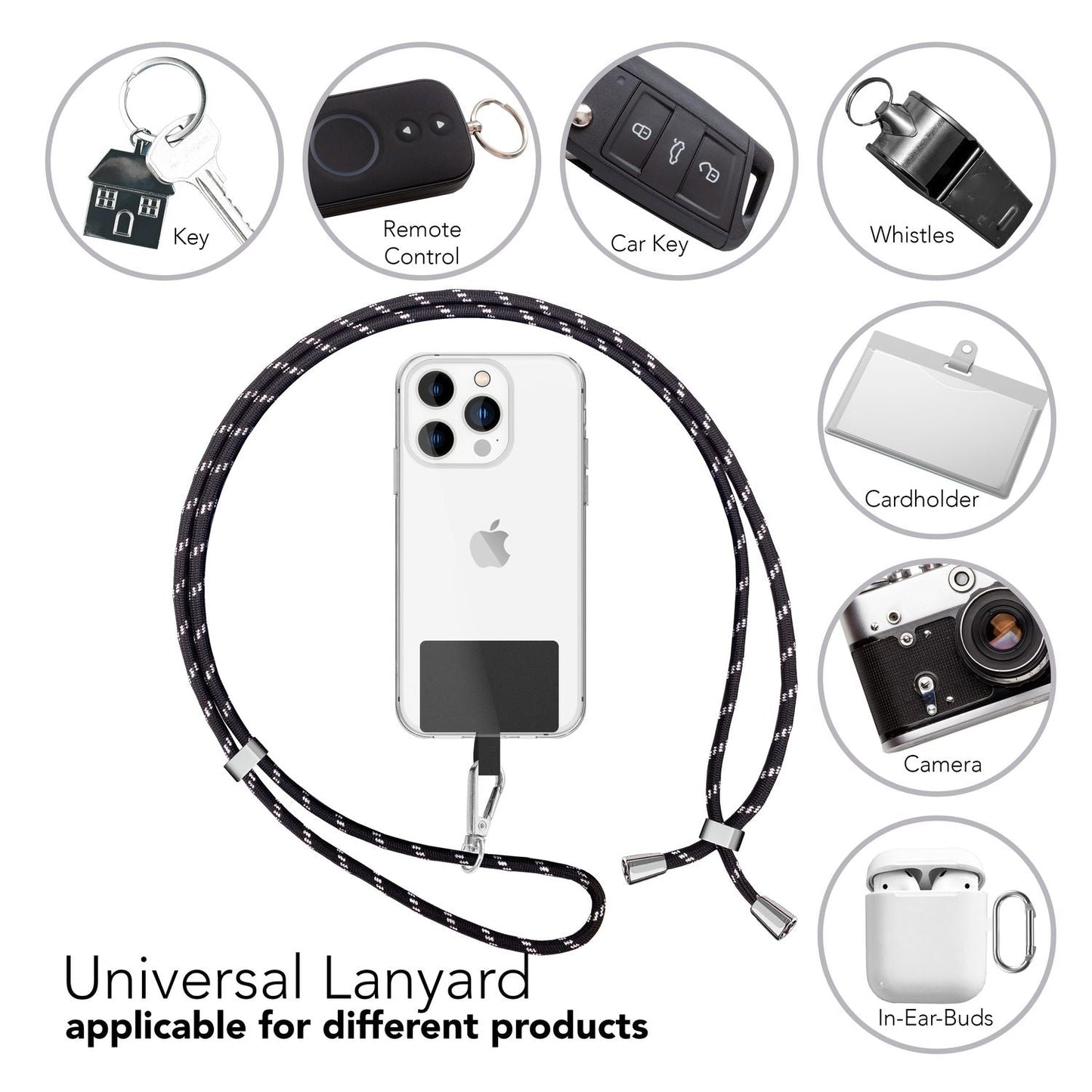 Alhliða símakeðja til að bera um hálsinn með púða og karabínukróki fyrir snjallsímahulstur