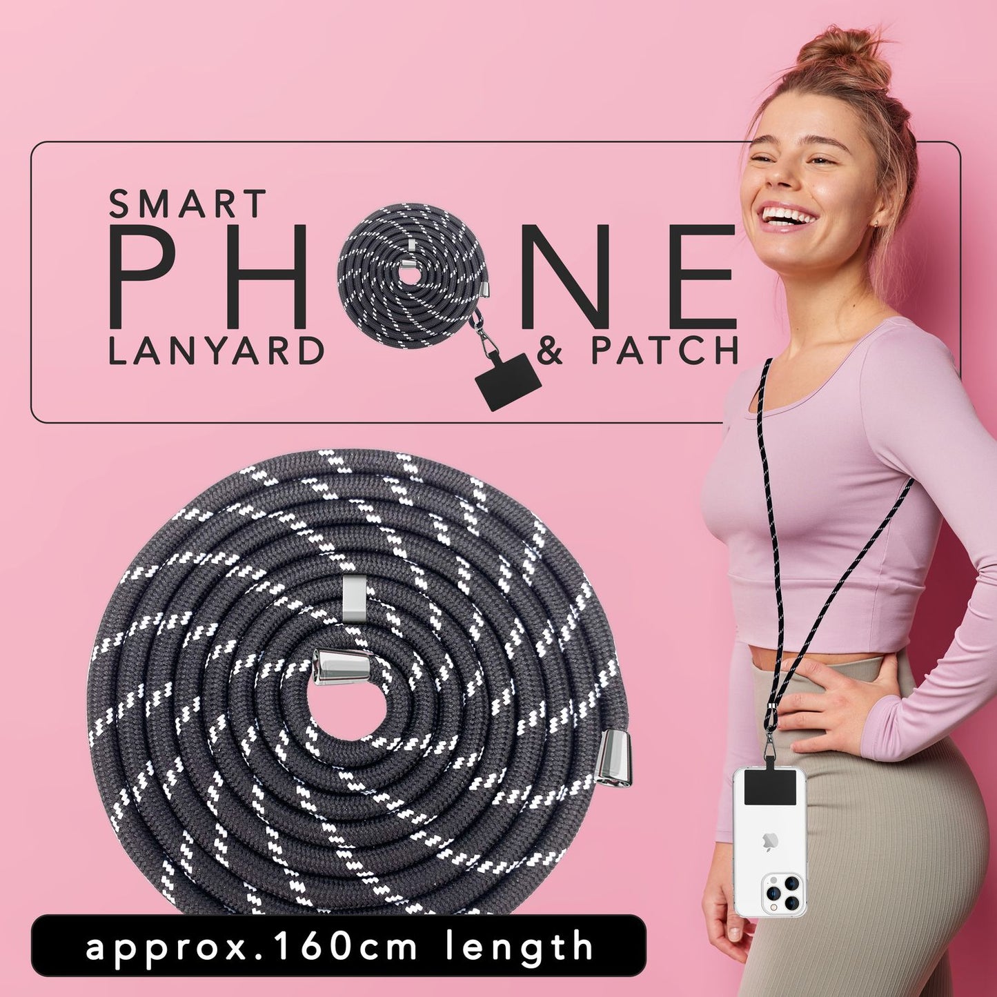 Alhliða símakeðja til að bera um hálsinn með púða og karabínukróki fyrir snjallsímahulstur