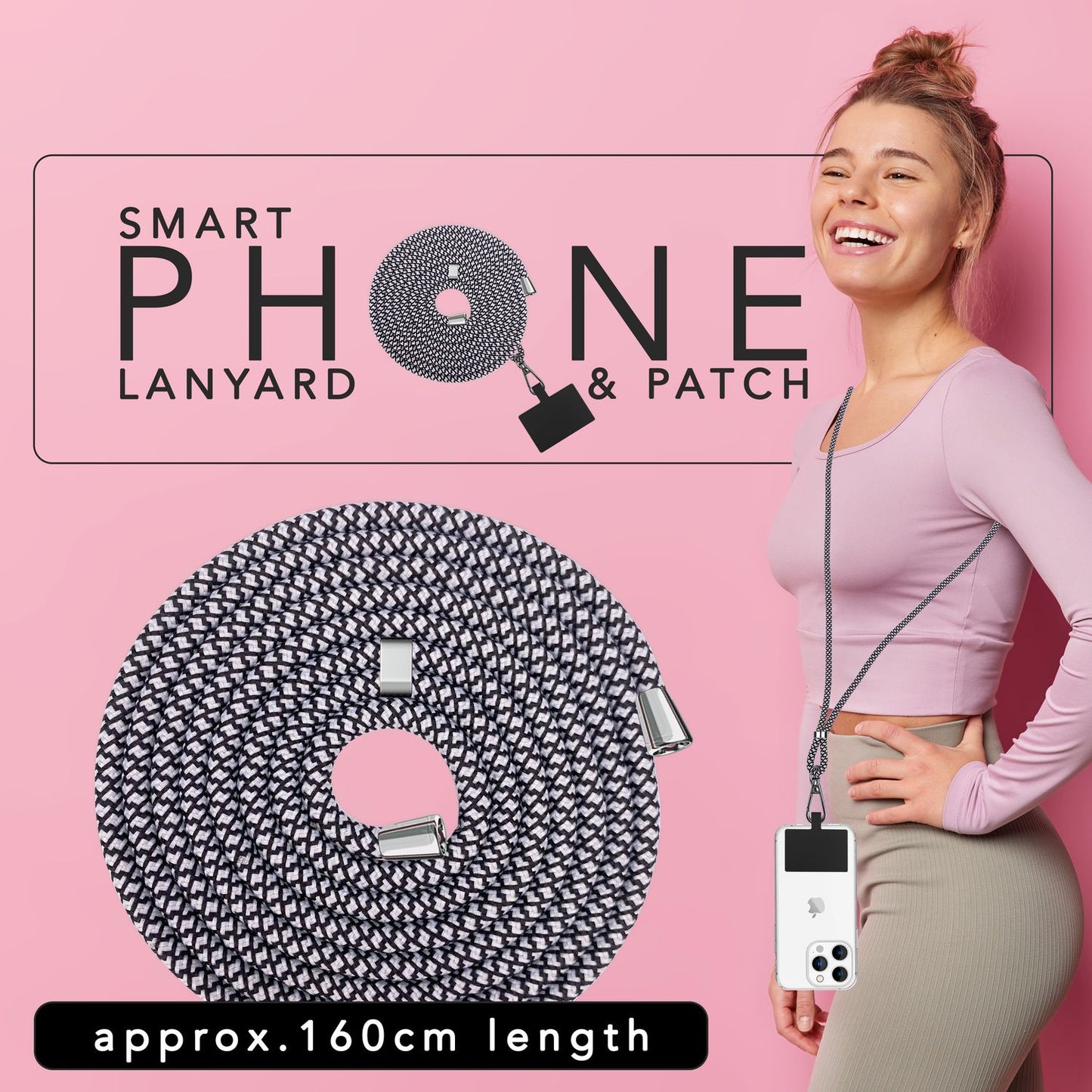 Alhliða símakeðja til að bera um hálsinn með púða og karabínukróki fyrir snjallsímahulstur