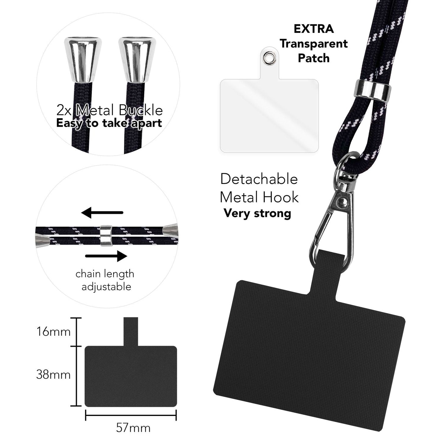 Alhliða símakeðja til að bera um hálsinn með púða og karabínukróki fyrir snjallsímahulstur